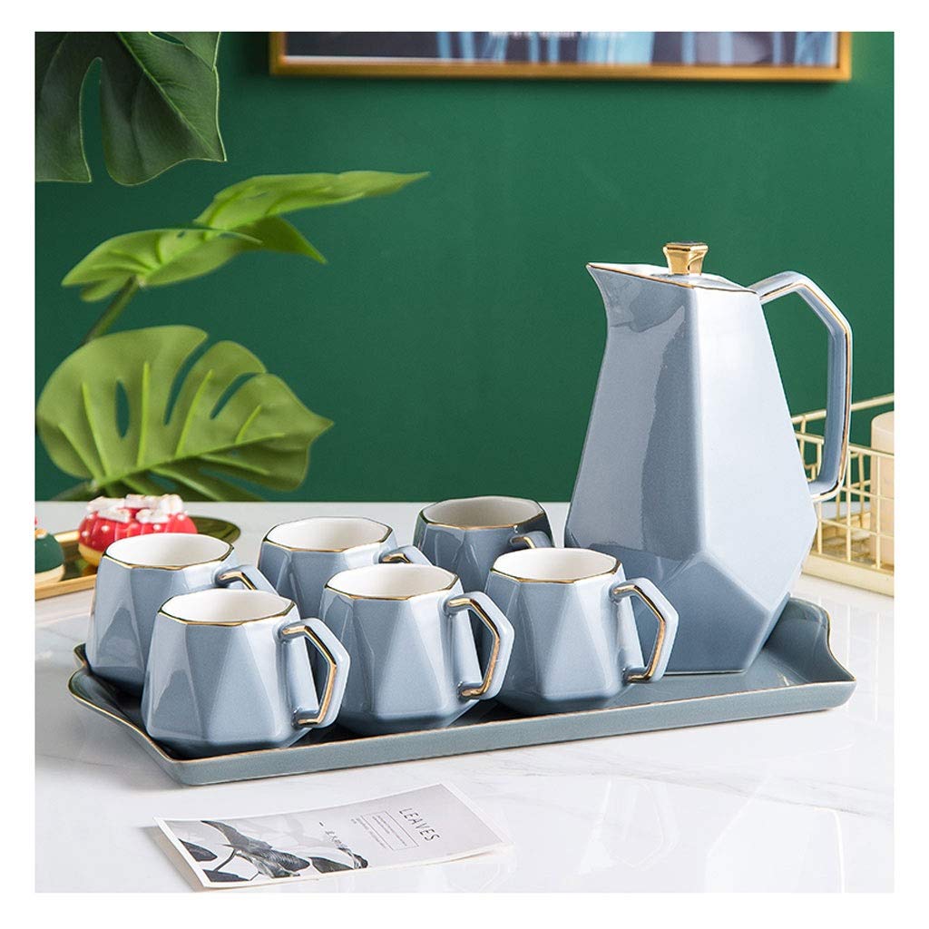 Nordic Rhombus Ceramic Tea and Coffee Set with Tray - 6 Cups for Afternoon Tea - Elegant Gray Home Kitchen Decor for Dining, Entertaining & Gifts