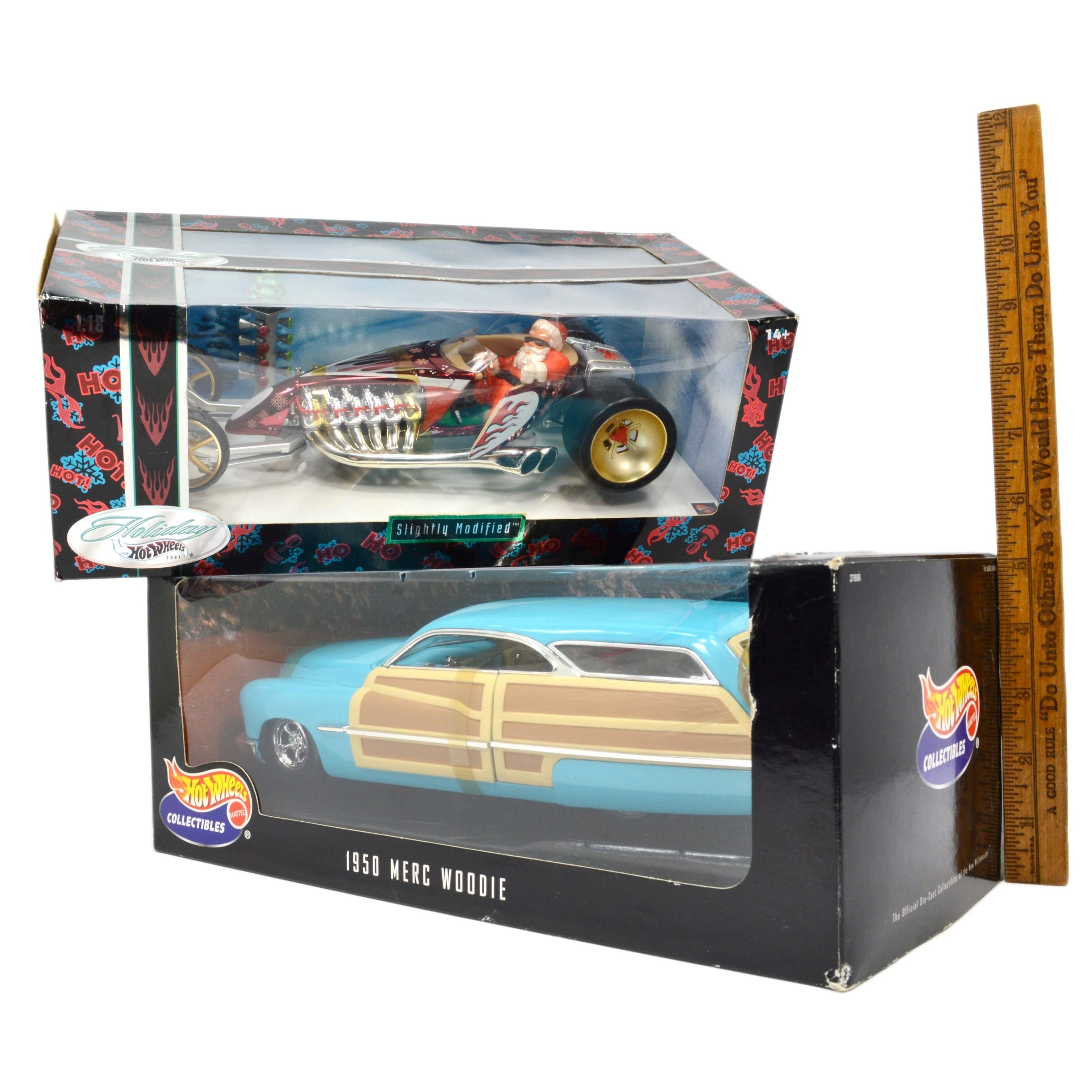 Lot of 2 Hot Wheels Diecast Cars 1:18 Scale - Santa Slightly Modified & Mercedes Woodie - Collectible Toy Cars for Display, Gifts, and Racing Fun