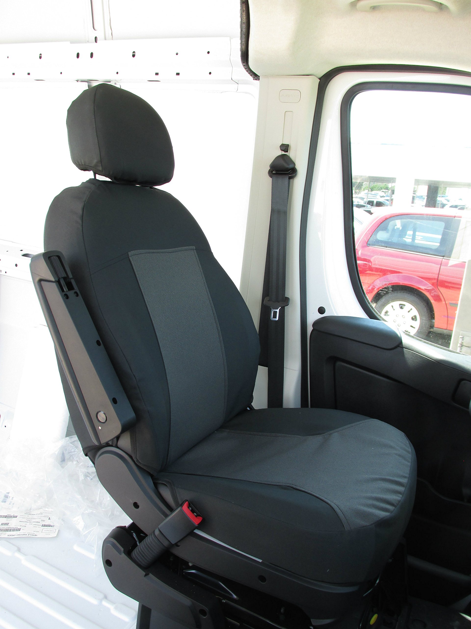 Durafit Seat Covers for 2013-2024 Promaster Van - Exact Fit Front Bucket Seat Covers in Black/Gray (Driver Side Armrest) | Premium Protection for Work Vans & Campers