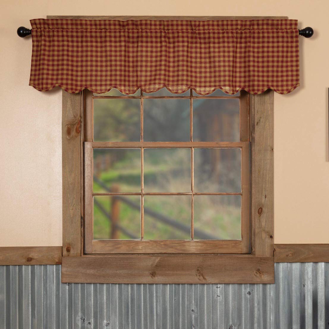 VHC Brands Check Cotton Primitive Kitchen Curtains - Rod Pocket Valance 16x60 Inches, Burgundy Red - Farmhouse Style Window Treatment for Cozy Country Kitchen Decor