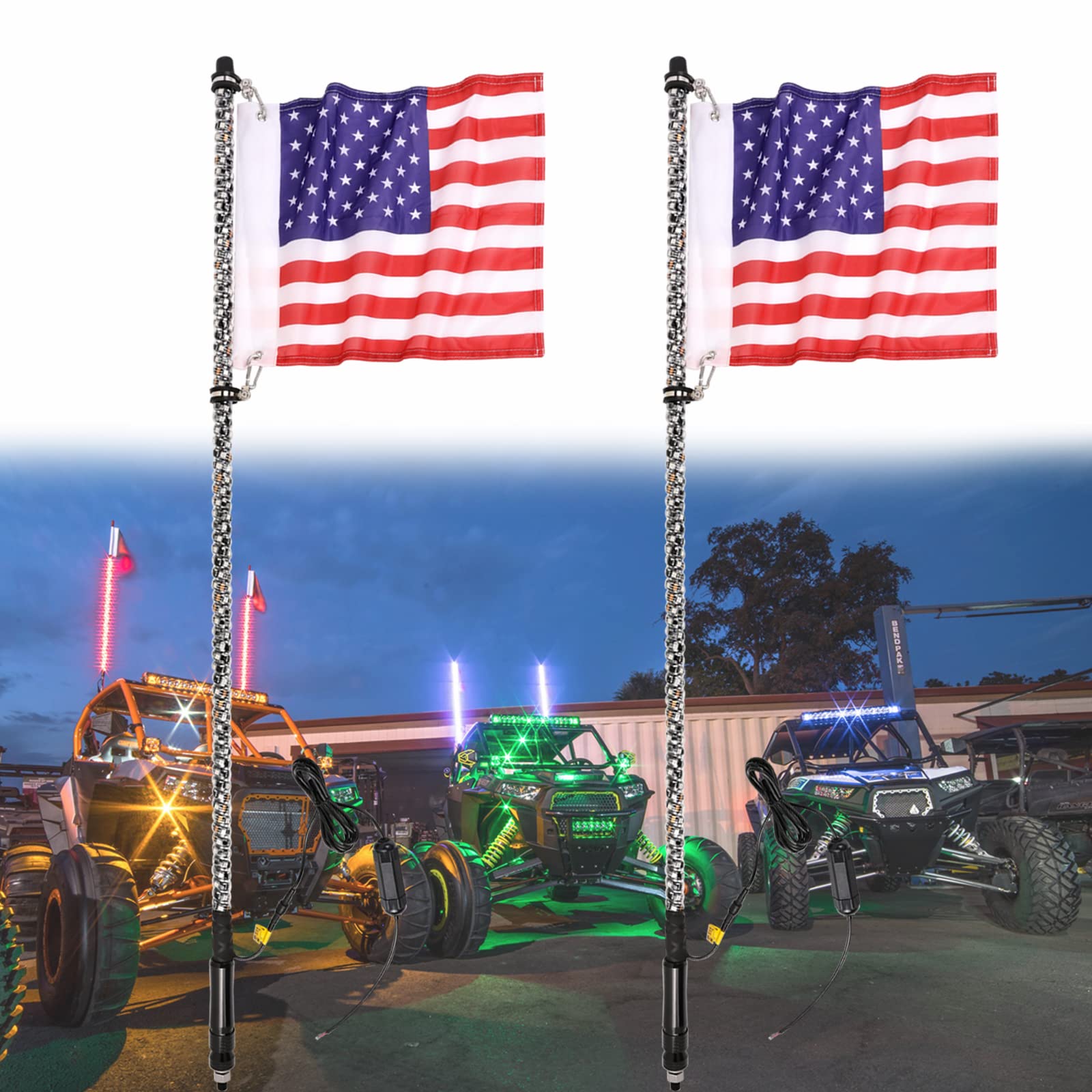 4FT LED Whip Lights - 2 Pack RGB Spiral Antenna Lights with RF Remote Control, 360° Illumination for Off-Road ATV, UTV, Polaris RZR & 4x4 Trucks | Durable Waterproof Design for Night Riding, Camping & Outdoor Adventures