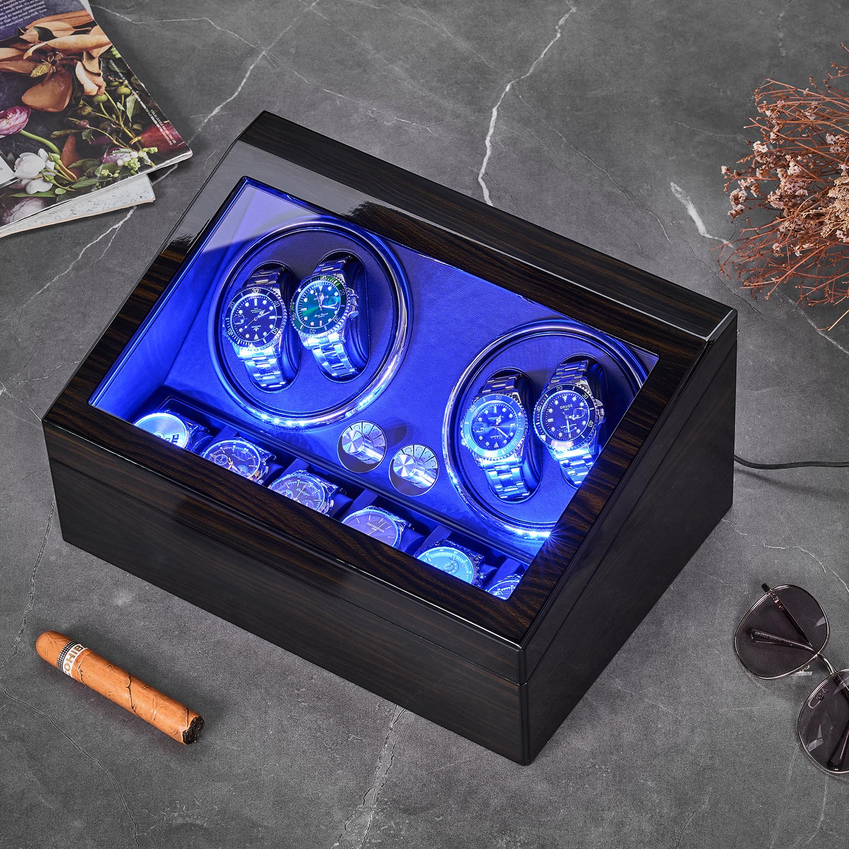 ANWBROAD Watch Winder for Automatic Watches - Super Quiet Mabuchi Motor, 4 Watch Rotator with 6 Storage Slots, LED Backlight, 4 Rotation Modes, USB Powered - Perfect for Travel, Office & Home Display