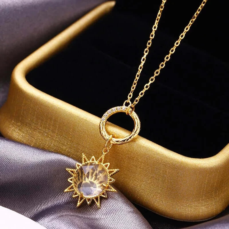 14K Gold Clear Quartz Sun Pendant Necklace Set - Elegant Spiritual Jewelry for Women | Perfect for Meditation, Yoga & Energy Healing | TB1475