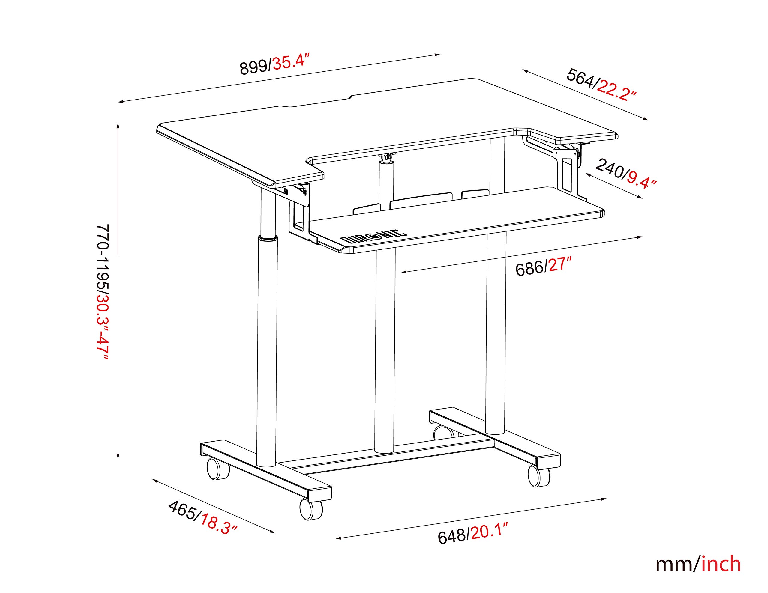 Duronic DM03ST1 Adjustable Sit-Stand Trolley Desk - Portable Standing Workstation with Keyboard Tray for Laptop & Monitor | Height Adjustable Computer Desk | Perfect for Home Office, Gaming & Workspace Ergonomics