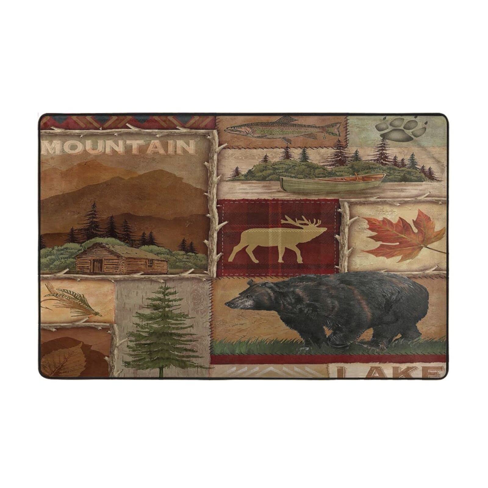 Lodge Bear Moose Deer Area Rug - Rustic Cabin Wildlife Soft Washable Carpet for Nursery, Bedroom & Living Room - 6.6' x 5.3' - Perfect for Kids Room Decor, Cabin Themed Home & Wildlife Lovers