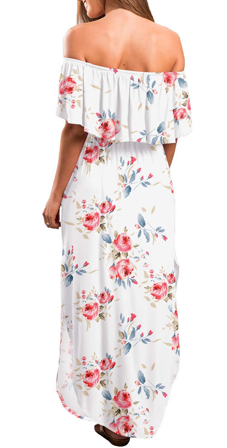 LILBETTER Women's Off The Shoulder Ruffle Party Dress with Side Slit - Flowy Beach Maxi Dress for Summer Vacation, Wedding Guest & Cocktail Events
