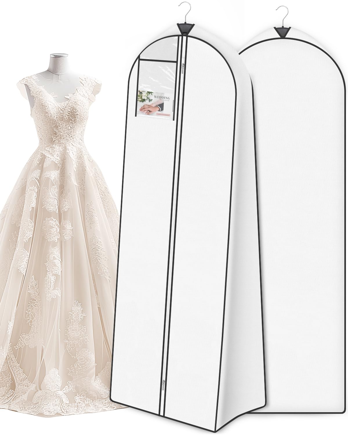 Lzerking 72'' Wedding Dress Garment Bag with 20'' Gusseted Expansion & Accessories Pouch - Breathable Long Gown Storage Cover for Bridal Dresses, Formal Wear, Travel & Closet Organization