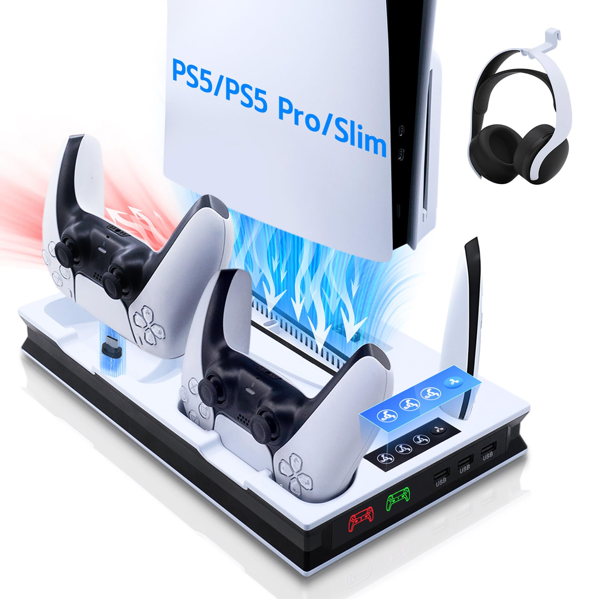 PS5 Cooling Stand with Dual Controller Charger & Headset Holder - Compatible with PS5 Slim/Pro/UHD/Digital Edition - 3 USB Ports & Enhanced Airflow Cooling Station - Perfect for Gaming Marathons & Console Protection (White)