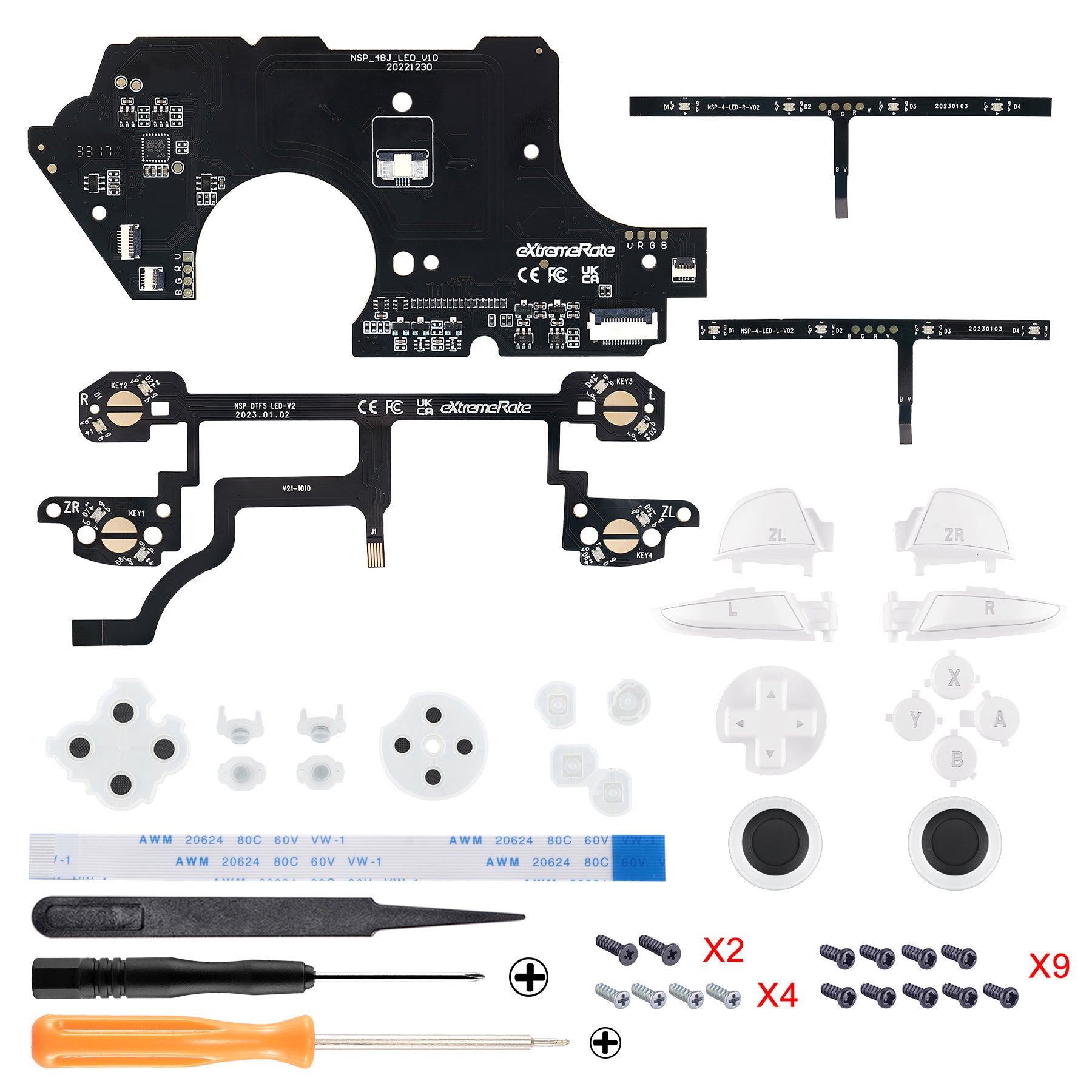 eXtremeRate Multi-Color LED Thumbsticks & Buttons Kit for Nintendo Switch Pro Controller - 9 Color Modes, 6 Lighting Areas, DIY Customizable ABXY ZR ZL L R Buttons (White Classic Symbols) - Perfect for Gaming in Dark Rooms & Custom Controller Builds - NSLED017