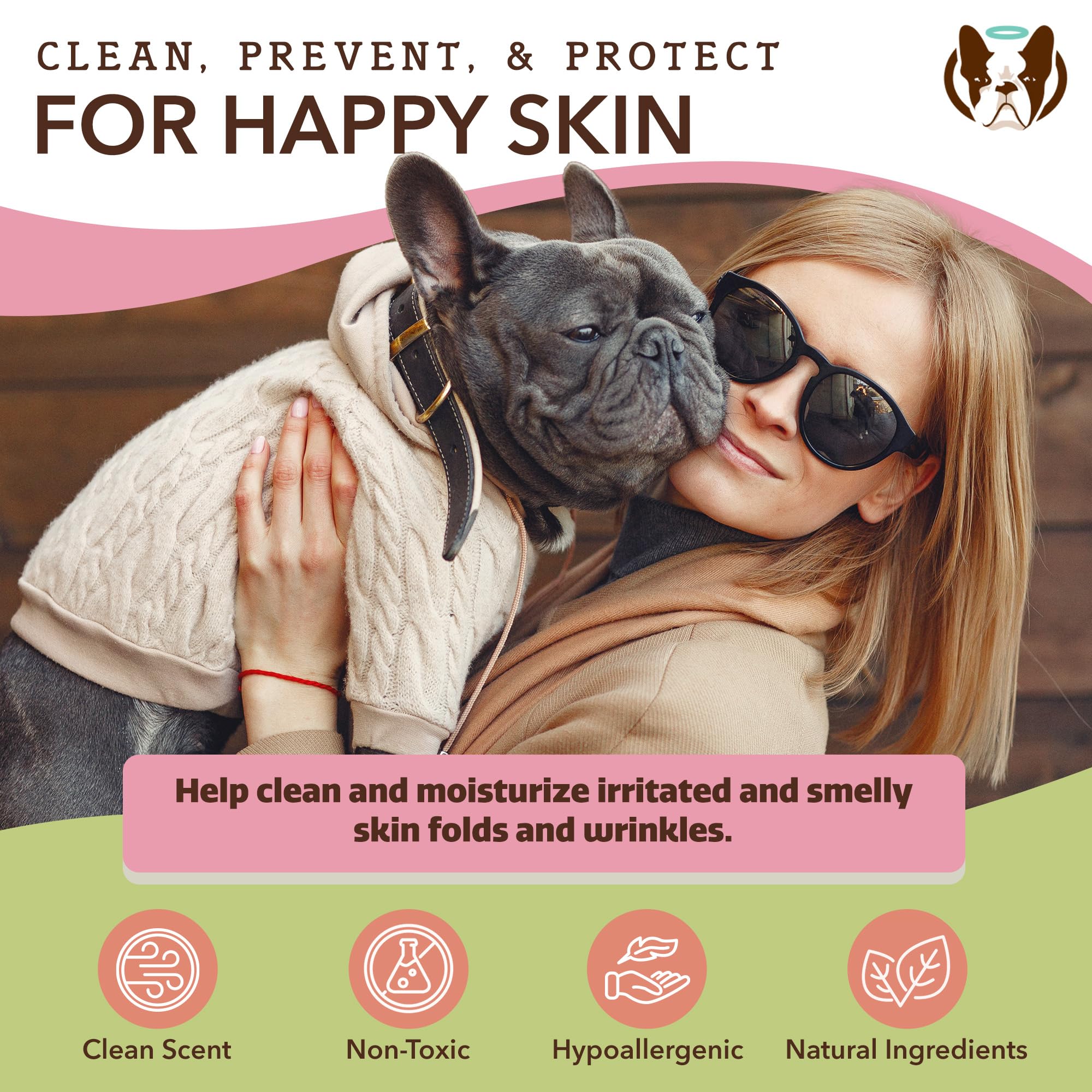 Natural Dog Wrinkle Wipes for Dogs - Hypoallergenic Grooming Wipes for French Bulldogs, Paws & Butts - 50 Count, Cleaning & Deodorizing - Perfect for Daily Face Cleaning, Post-Walk Paw Care & Odor Control
