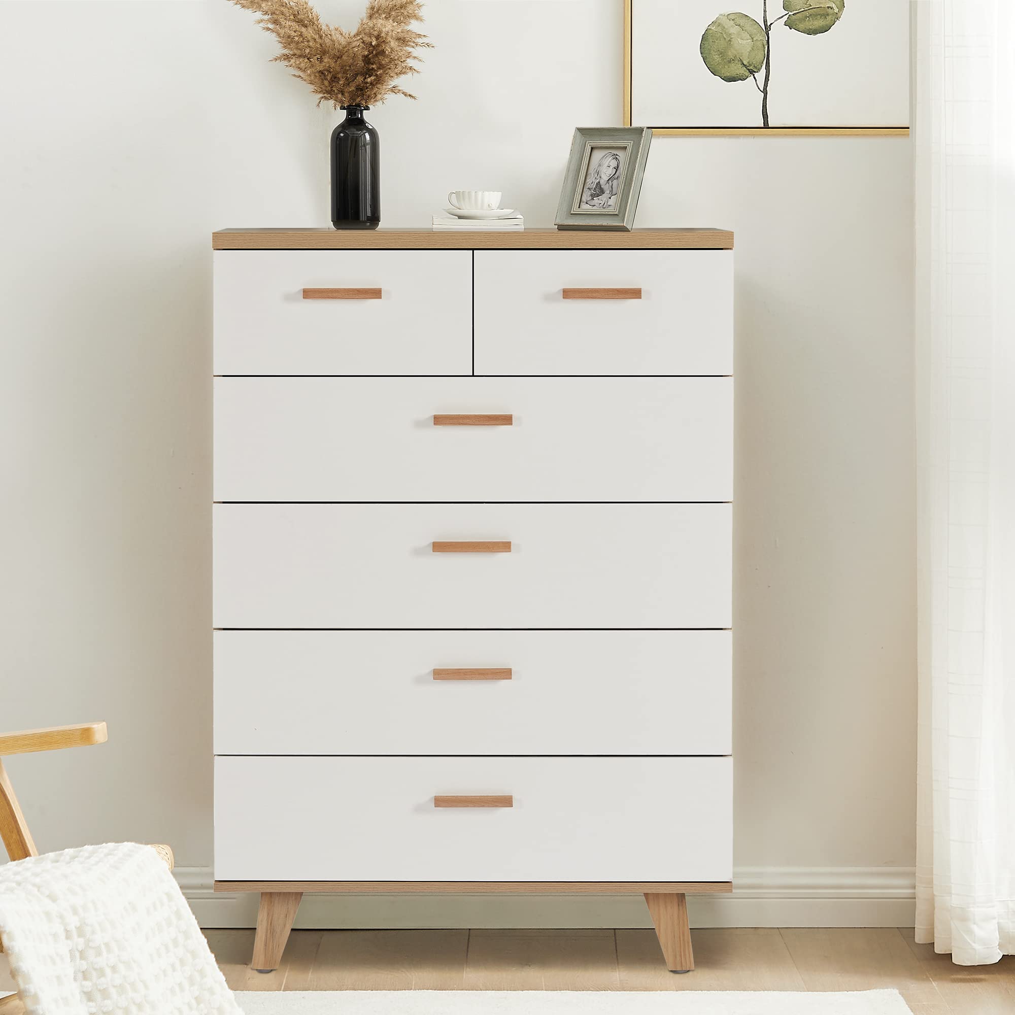 Modern 6-Drawer Dresser with Solid Wood Handles & Legs - Sturdy Chest of Drawers for Bedroom, Closet & Living Room Storage - Space-Saving Organizer for Clothes, Linens & Laundry Essentials