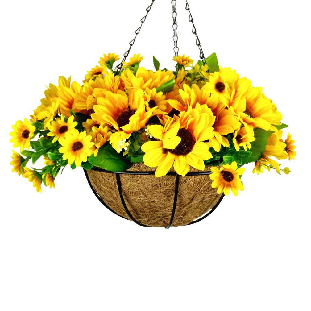 Artificial Sunflower Hanging Basket - Large Silk Flower Decor for Living Room, Home Office | Indoor/Outdoor Hanging Planter for Wall, Patio, Porch Decorations