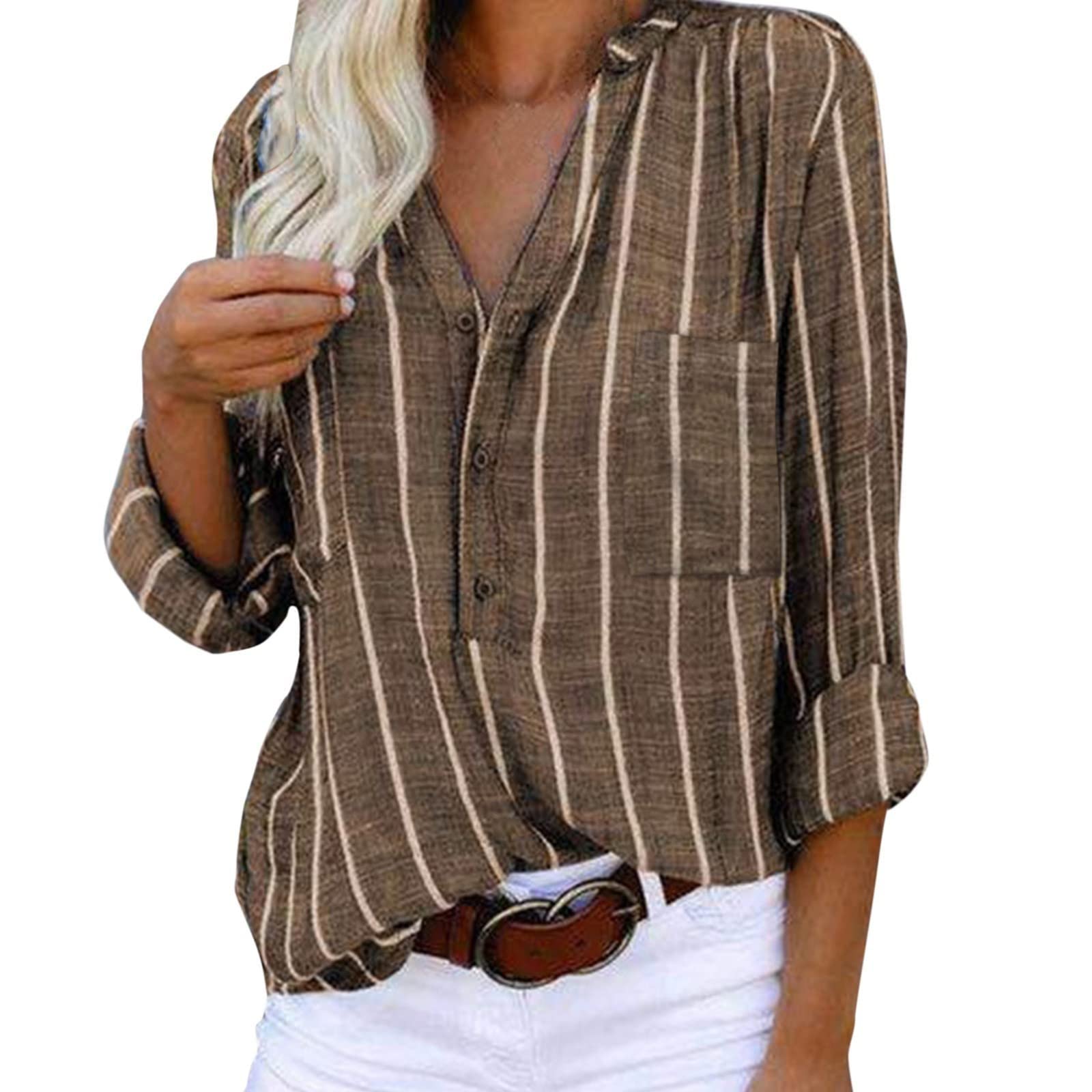 Women's Linen Shirt - Striped Printed Lapel Long Sleeve Half Button Casual Blouse | Summer Breathable Fitted Top for Office, Beach & Everyday Wear