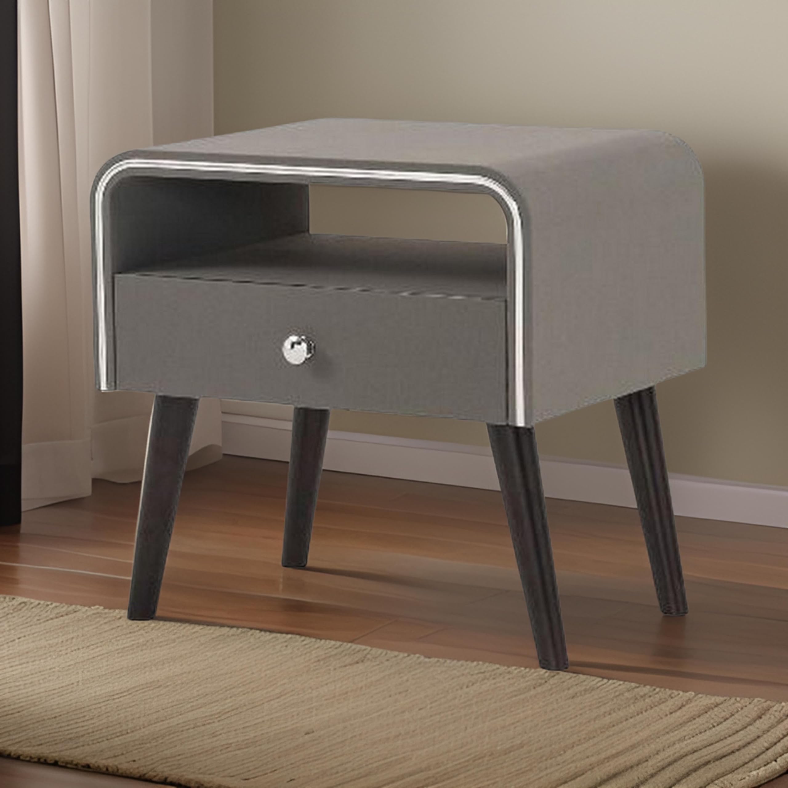 Benjara Modern Gray and Brown Nightstand with Chrome Trim - 1 Drawer Curved Edge Bedside Table for Bedroom, Living Room, or Office