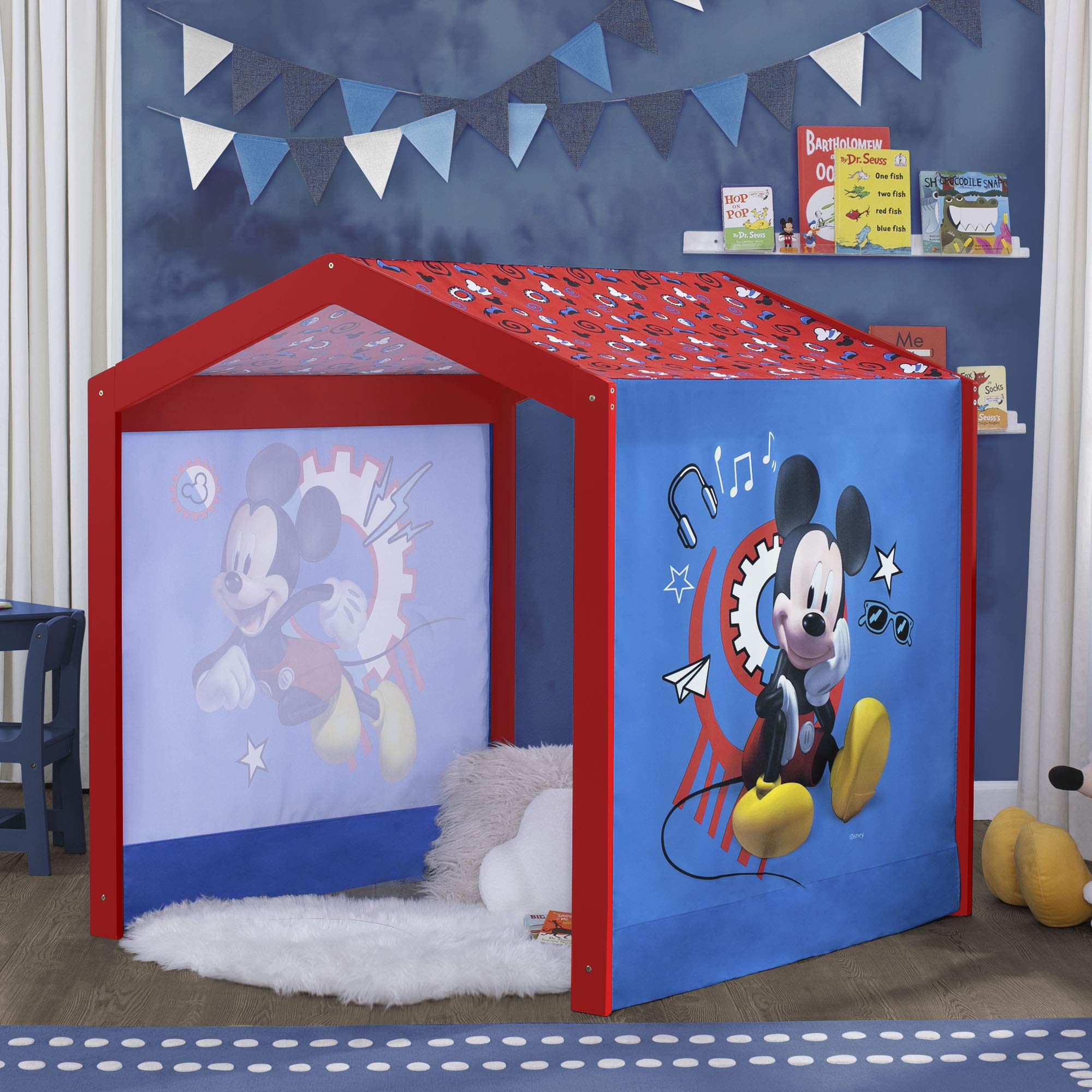 Disney Mickey Mouse Indoor Playhouse with Fabric Tent & MySize Wood Toddler Bed by Delta Children - White - Perfect for Kids' Bedroom, Playroom & Indoor Playtime