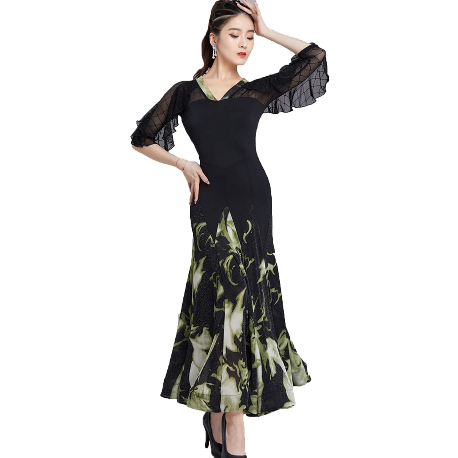 Elegant Ballroom Dance Dresses for Women - Medium Sleeve Tango Foxtrot Waltz Performance Outfit with V-Neck & Flowy Skirt | Perfect for Competition, Showcase & Social Dancing Events