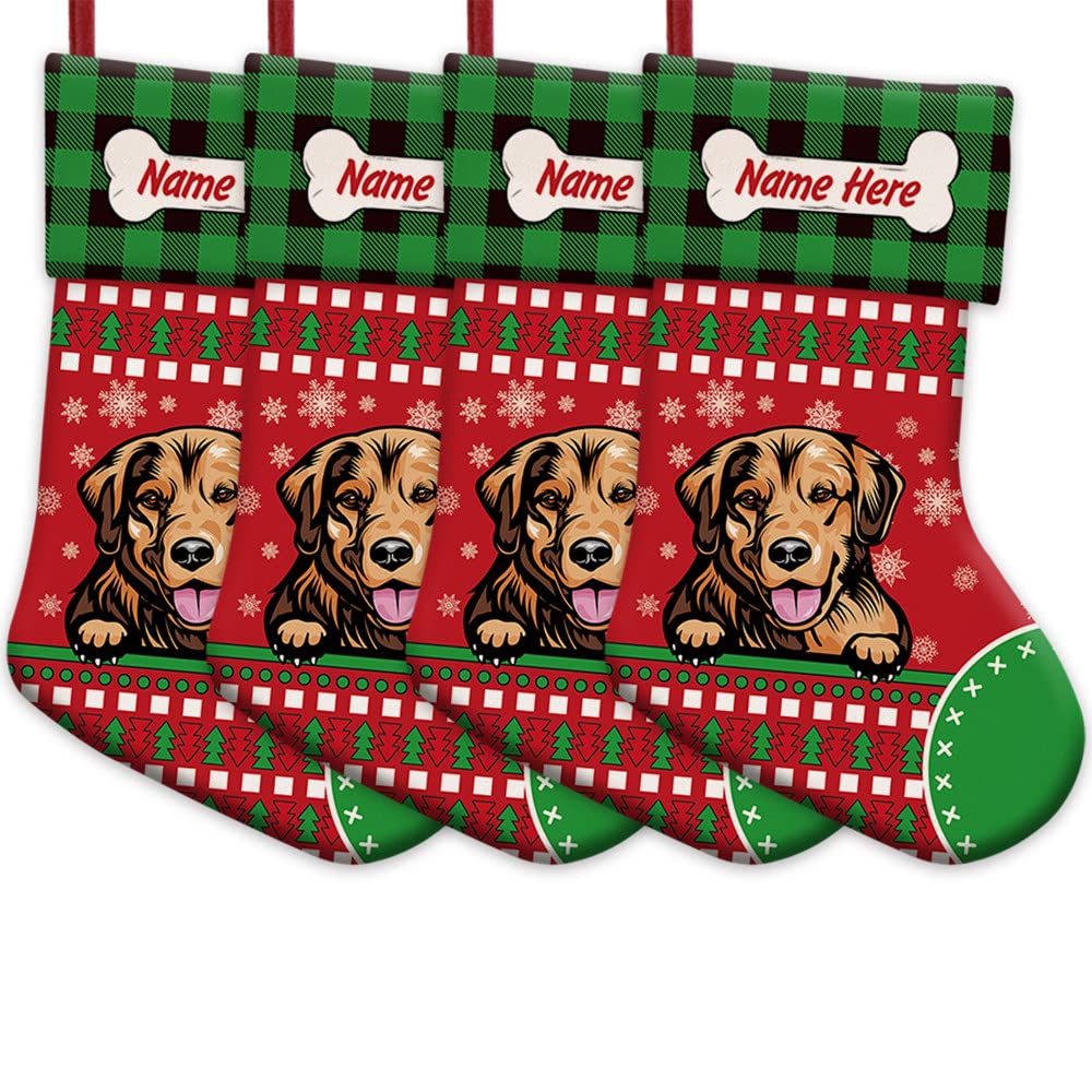 4 Pack Personalized Christmas Stockings - Cute Golden Retriever Dog with Bone Design, Red Buffalo Plaid & Snowflake Pattern (14.4 Inch) - Perfect for Fireplace Decor, Holiday Gift Giving & Pet Lover Presents