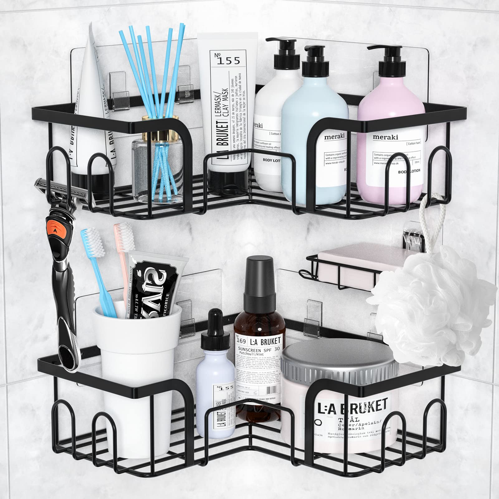 3-Pack Black Adhesive Shower Caddy Corner Shelf with Soap Dish - 90 Degree Angle Tile Wall Mount for Bathroom Organization - Perfect for Small Showers, Apartments & Dorm Rooms