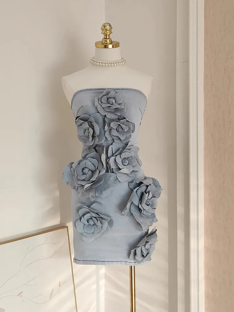 Elegant French 3D Floral Applique Slimming Dress for Women - Sleeveless Slash Neck Tunic Vestidos | Perfect for Cocktail Parties, Weddings & Evening Events