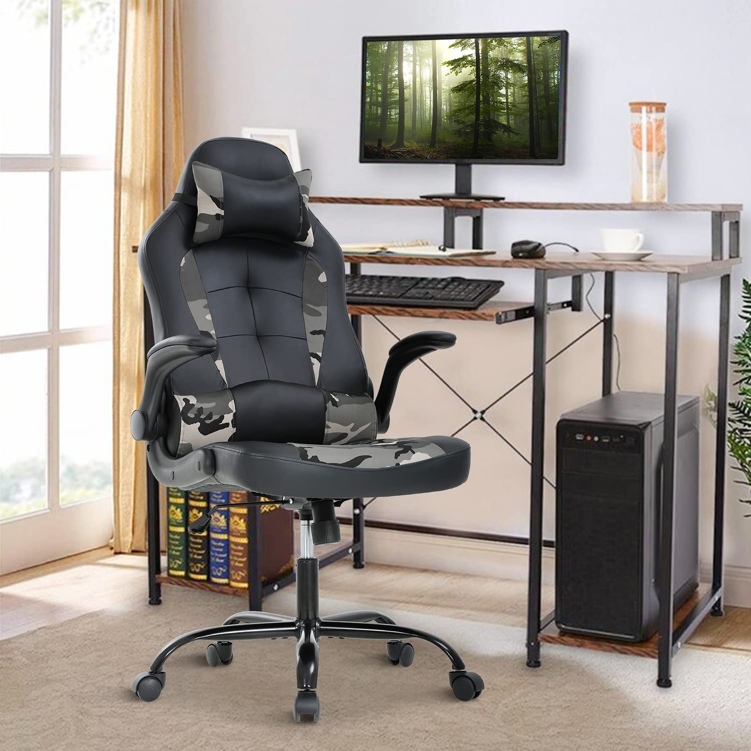 Ergonomic High Back Office & Gaming Chair with Adjustable Lumbar Support & Headrest - PU Leather Executive Swivel Task Chair for Home Office, PC Gaming, and Work - Perfect for Long Hours of Comfort (Camo Design)