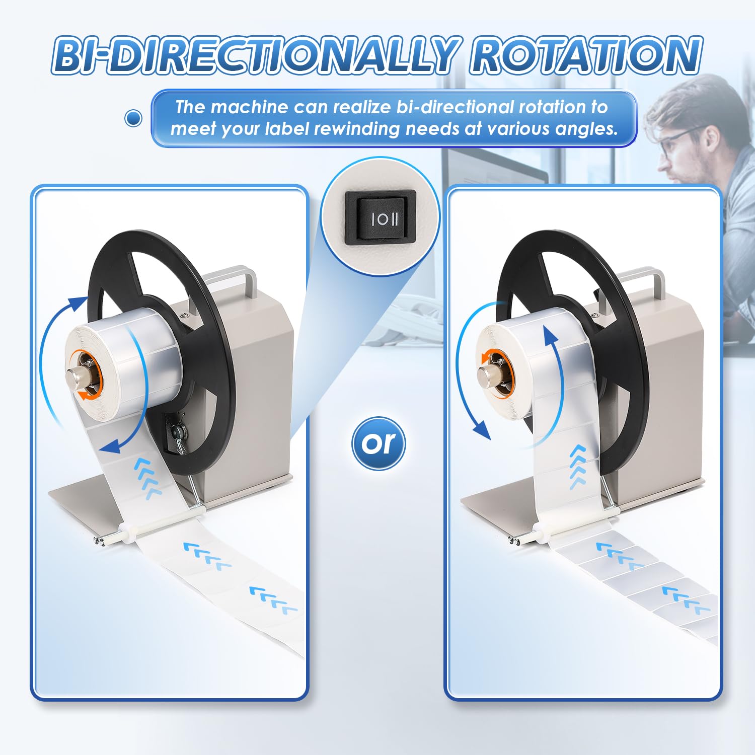 Automatic Label Rewinder Machine - Adjustable Speed Sticker Rewinder with Bidirectional Function, Printer Sync, 1