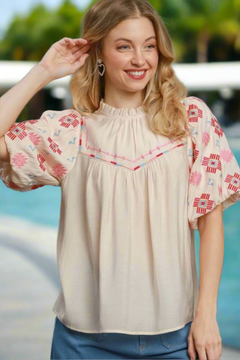Elegant Full Size Embroidered Puff Sleeve Cream Blouse for Women | Perfect for Office Wear, Date Nights & Special Occasions
