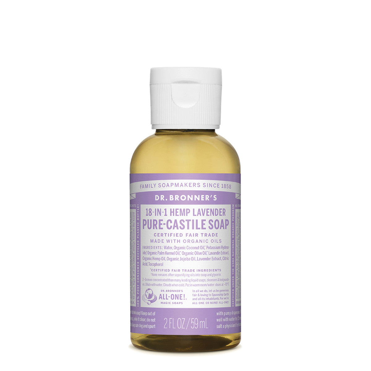 DR BRONNER'S Pure-Castile Lavender Liquid Soap with Hemp Oil | 18-in-1 Multipurpose Organic Soap | 59ml Travel Size | Perfect for Face, Body, Hair & Home Cleaning
