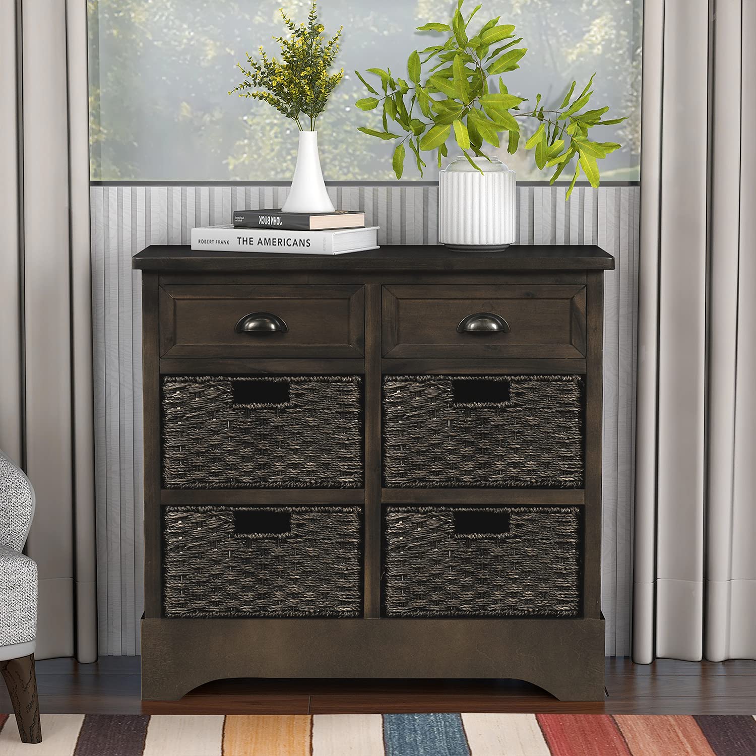 Rustic Wood Storage Cabinet - Farmhouse Entryway Accent Cabinet with 2 Drawers & 4 Fabric Baskets, Rubber Mats & Metal Handles (Brown Gray) | Perfect for Hallway Organization, Living Room Decor & Bedroom Storage
