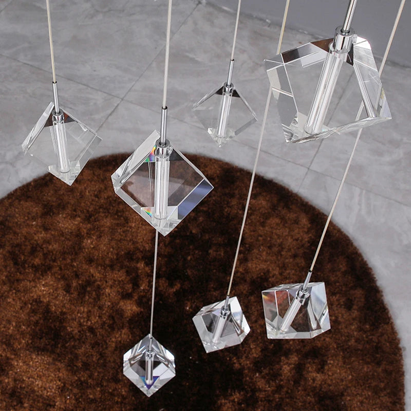 Modern Crystal Square Chandelier - Elegant Lighting Fixture for Staircase, Foyer, Dining Room & Living Room Decor | Dimmable LED Ceiling Light for Home & Office