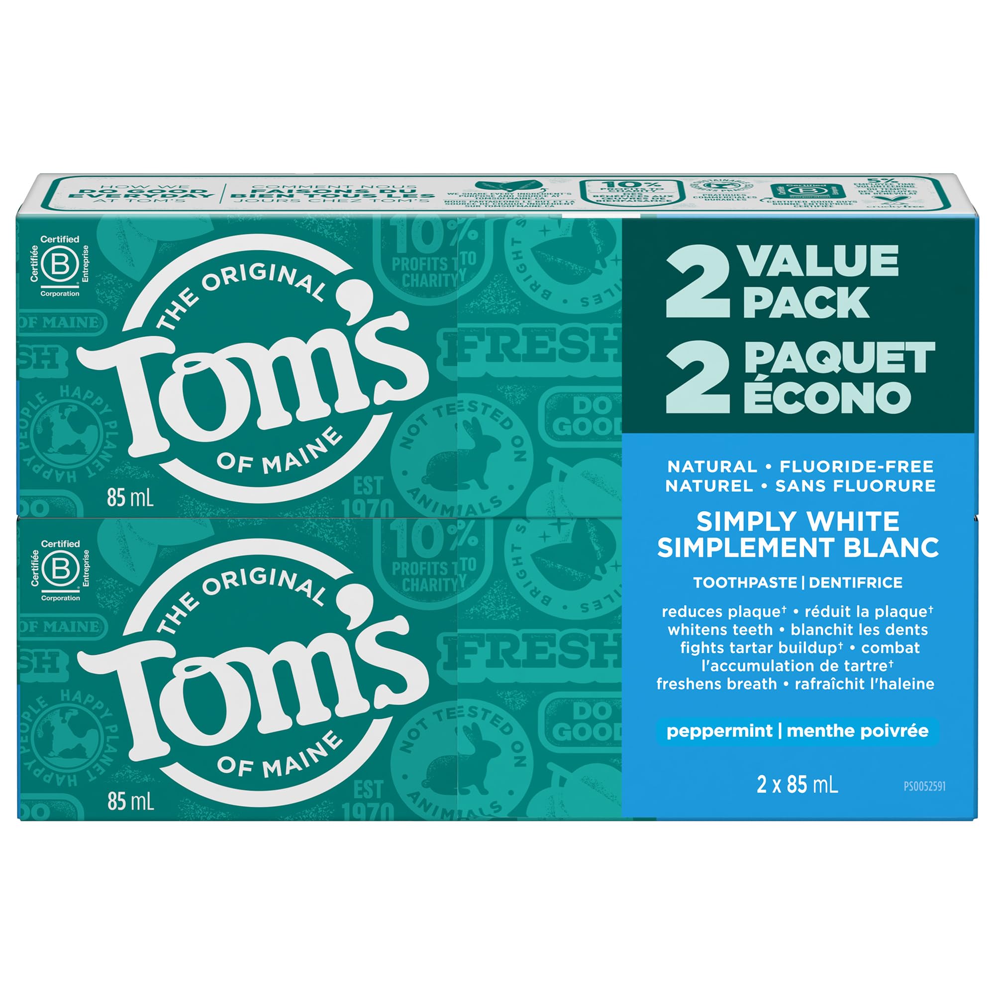 Tom's of Maine Simply White Natural Whitening Toothpaste - Fluoride-Free, Refreshing Peppermint Flavor - Fights Tartar & Plaque for Whiter Teeth - 2 Pack (85 mL Each) - Perfect for Daily Oral Care & Natural Teeth Whitening at Home