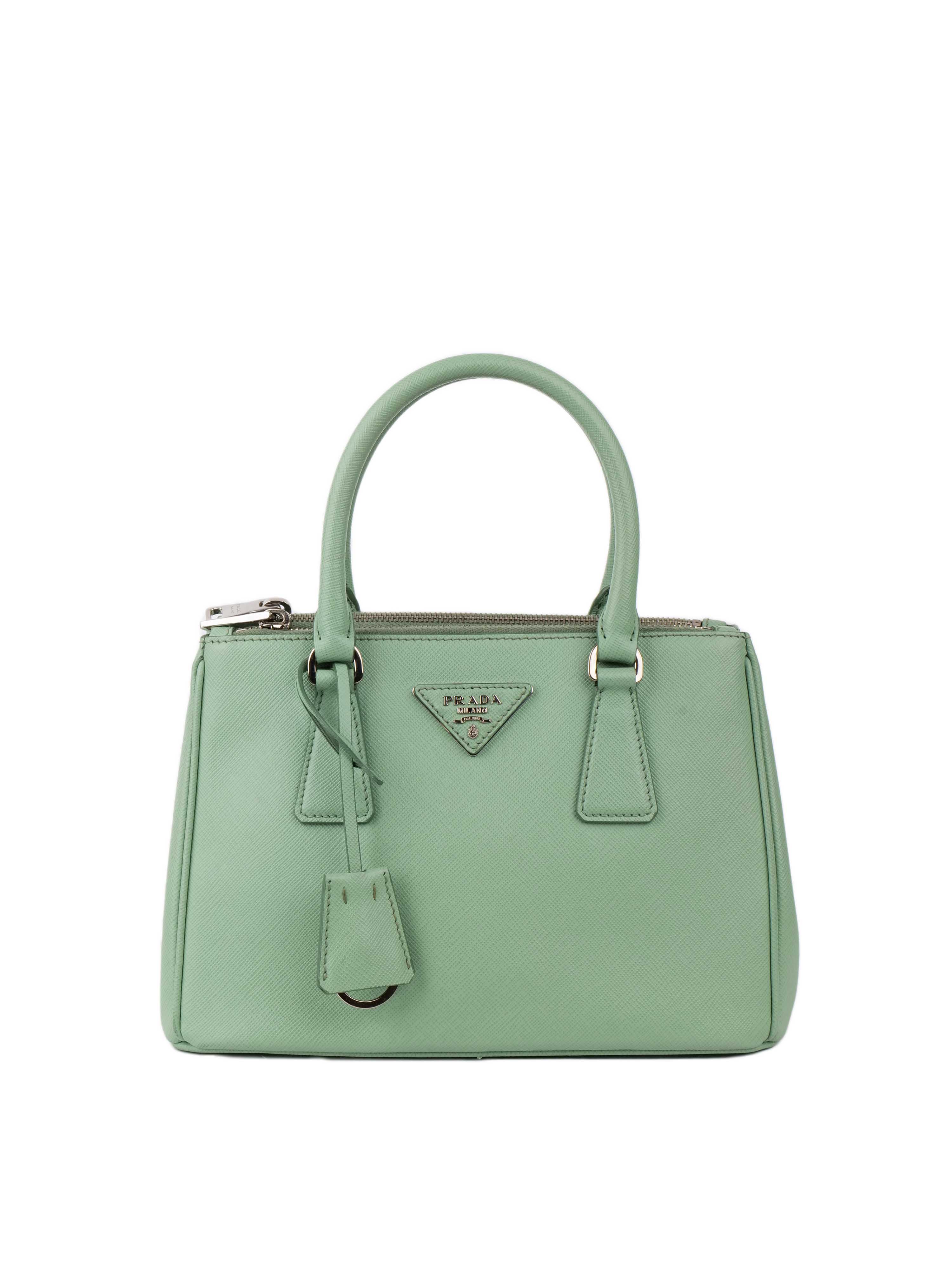 Prada Mint Green Saffiano Leather Double Zipper Small Tote Bag for Women | Luxury Designer Handbag for Work, Travel & Everyday Use