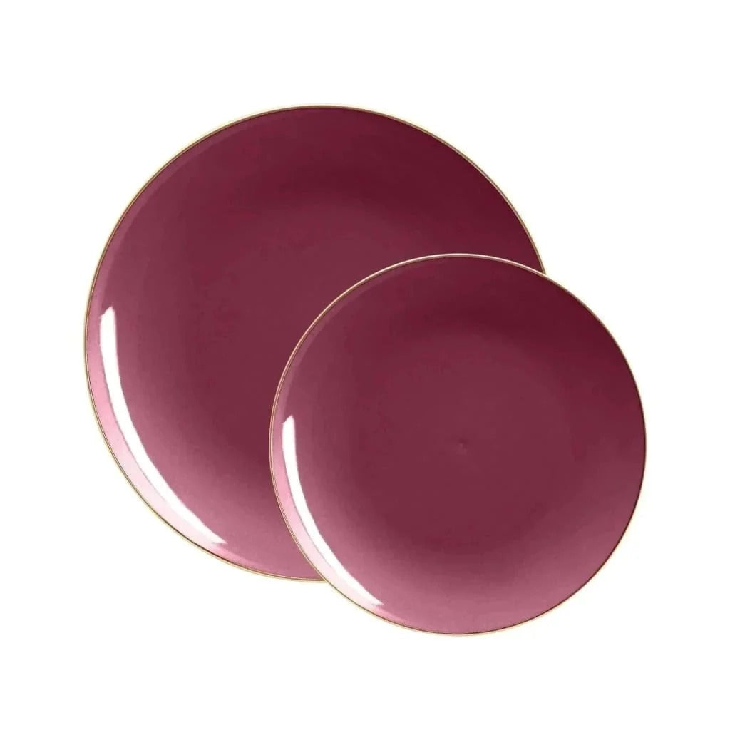 Organic Cranberry Red & Gold Rim Round Plastic Plates - Elegant & Durable for Parties, Weddings, and Holiday Gatherings