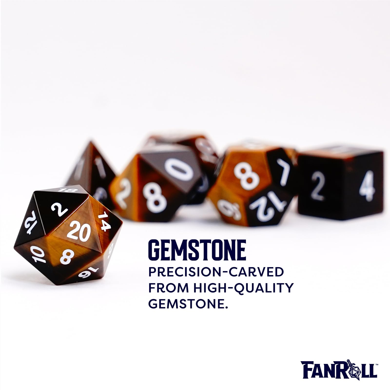 FanRoll 16mm Stone Polyhedral DND Dice Set - Handcrafted Tiger's Eye Gemstone Dice for Dungeons & Dragons RPG | Perfect for Tabletop Gaming, D&D Campaigns & Collector Displays