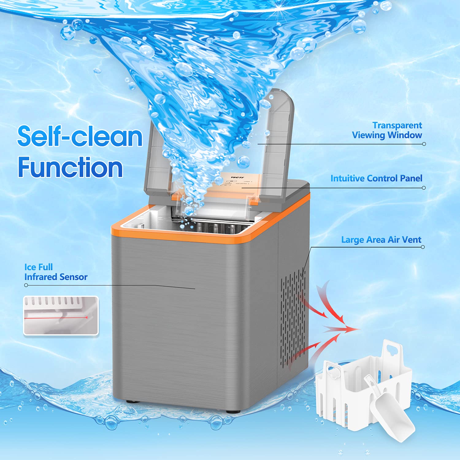VECYS 1.8L Portable Countertop Ice Maker Machine - 9 Bullet Ice Cubes in 8 Minutes, 26LBS Daily Output with Self-Cleaning Function - Includes Ice Scoop & Basket - Perfect for Home, Office, RV, Parties (Grey & Orange)