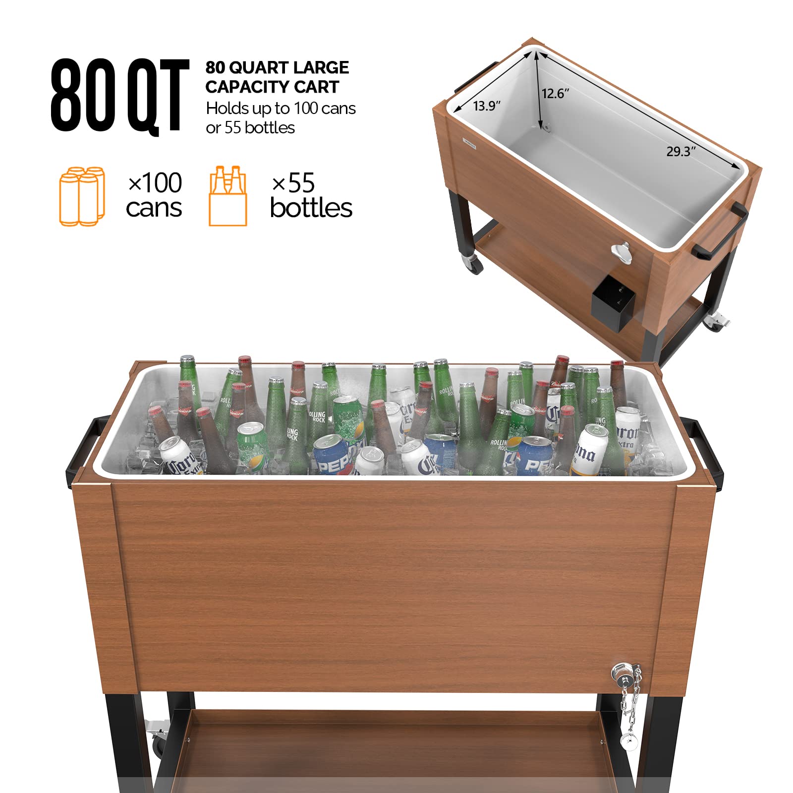 VINGLI 80 Quart Rolling Cooler with Wheels - Portable Outdoor Ice Chest for Camping, Beach, BBQ & Tailgate Parties - Heavy Duty Patio Beverage Cart for Picnics, Backyard Gatherings and Outdoor Events