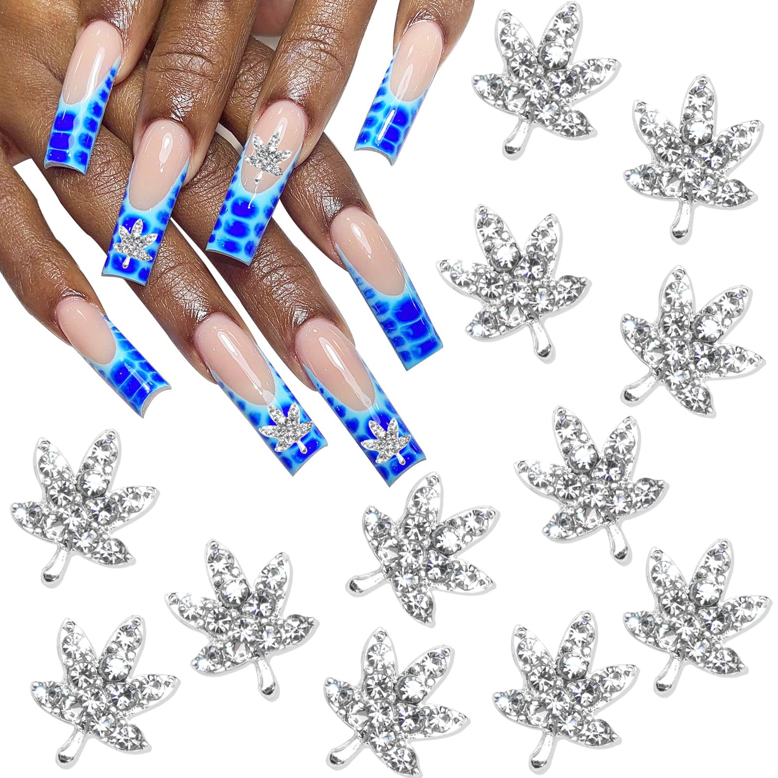 RODAKY 12PCS Silver Maple Leaf Nail Charms - 3D Rhinestone Glitter Nail Art Gems for Manicure, DIY Nail Designs & Nail Decoration | Perfect for Fall Nail Art, Wedding Nails, and Holiday Nail Crafts