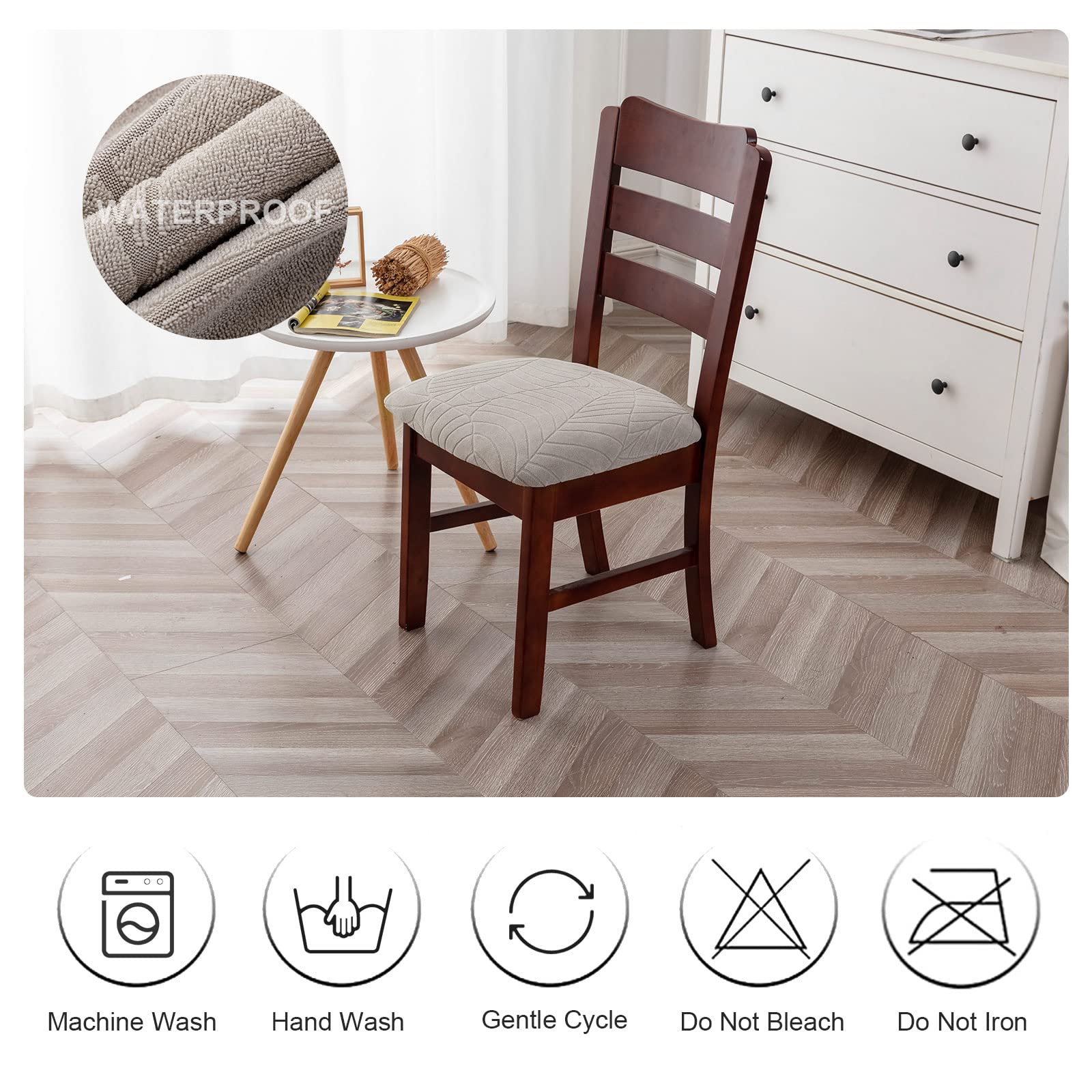 Waterproof Stretch Dining Room Chair Covers - 4 Pack Washable Removable Slipcovers for Kitchen & Dining Chairs (Leaves-Warm Gray) | Spill Protection & Home Decor Upgrade