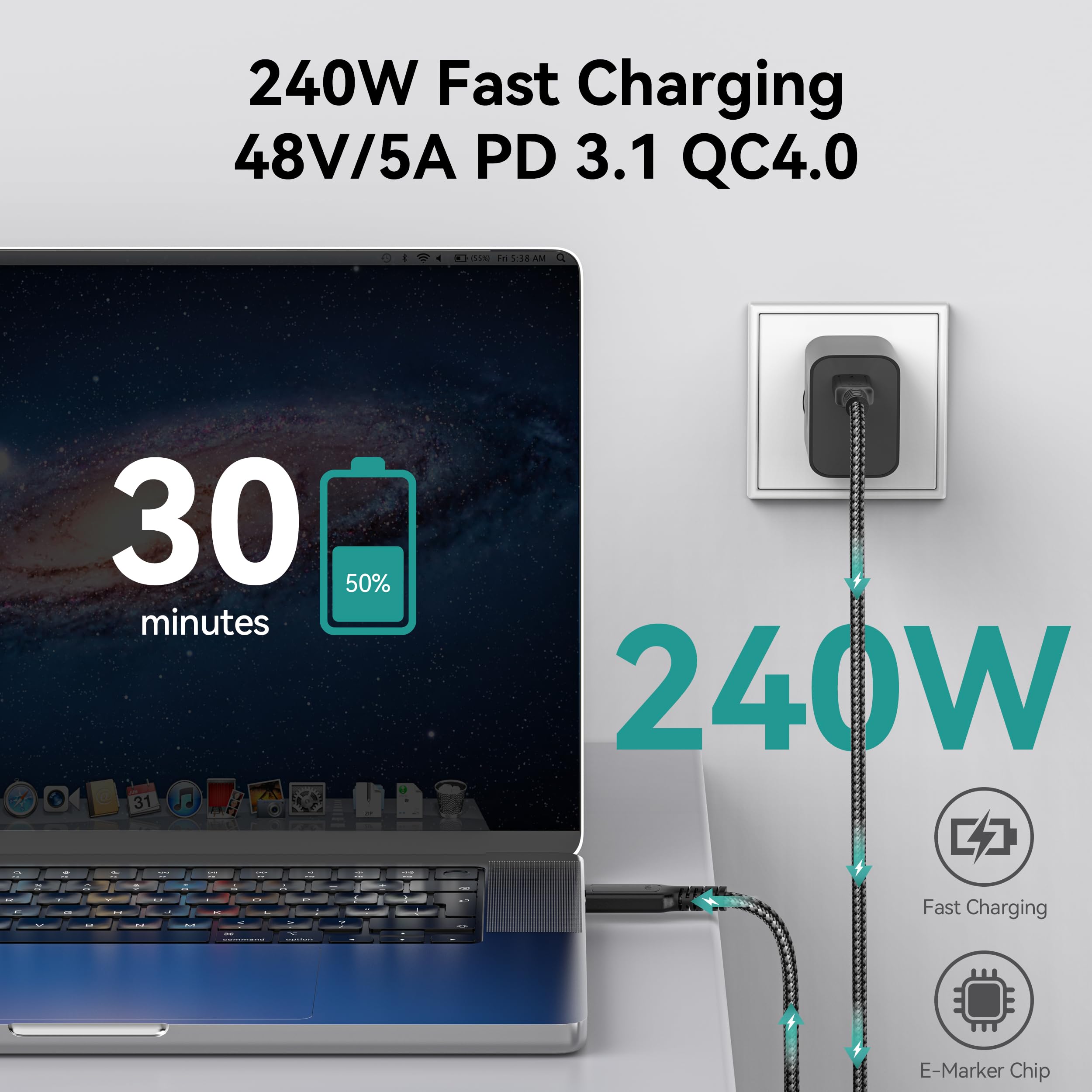 2 Pack USB C to USB C Cable 3.3Ft - 40Gbps Thunderbolt 4 USB4 Cable with 8K HD Display & 240W Fast Charging - Compatible with MacBook Pro, iPhone 16, Samsung Galaxy S24, iPad Pro, Docking Stations - Perfect for Home Office, Gaming & Travel Charging