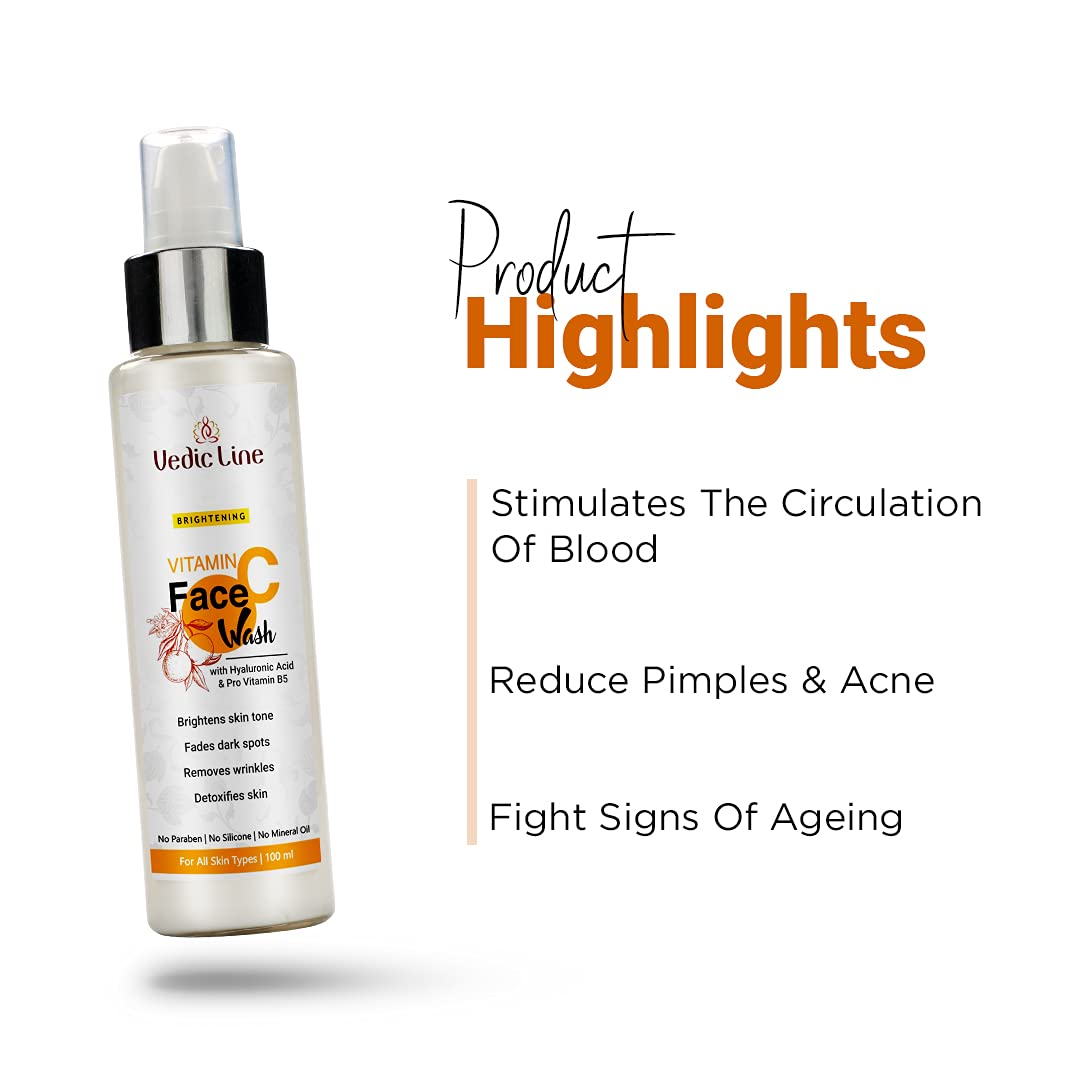 Vedicline Vitamin C Face Wash with Citrus Lemon Extract & Aloe Vera - Reduces Dirt, Impurities & Dark Spots for Radiant Skin - 100ml - Perfect for Daily Skincare Routine & Brightening Dull Complexion