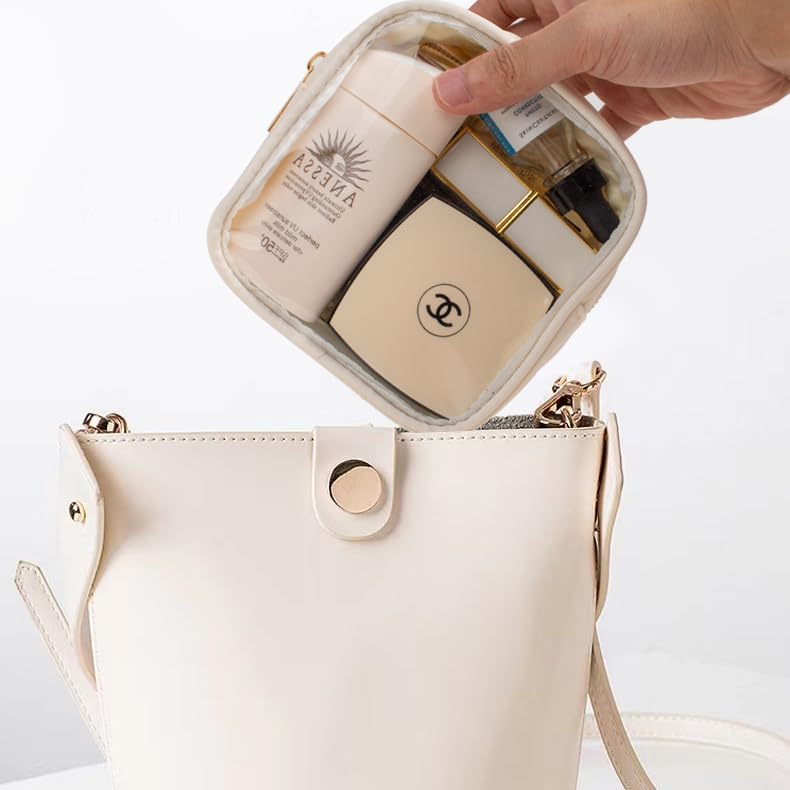 LETGO Small Clear Makeup Bag - Travel Size Cosmetic & Toiletry Organizer for Women | Cute Purse Accessories, Coin Pouch & Car Storage Essentials | Perfect for Travel, Gym & Daily Use (Clear-Beige)
