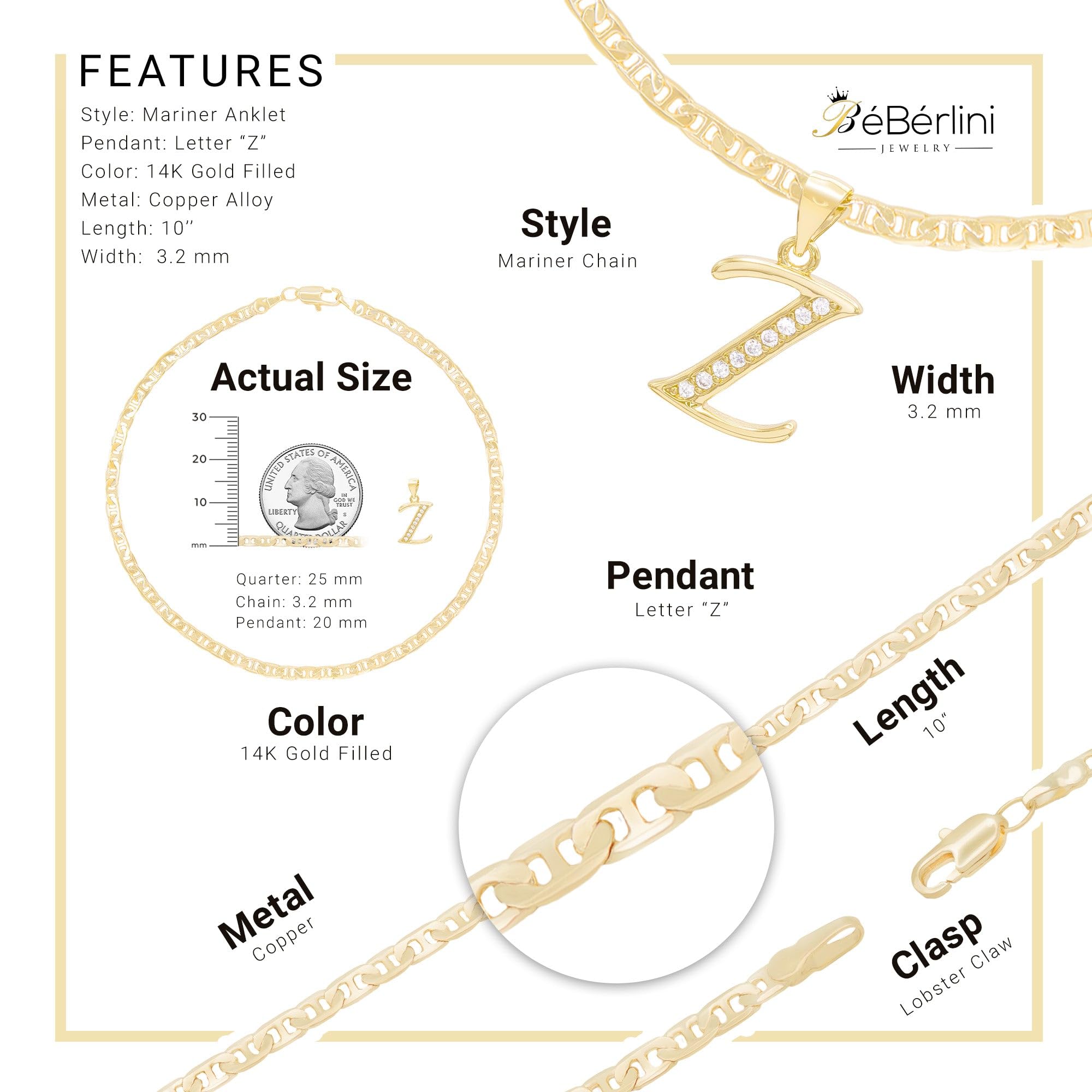 BEBERLINI Letter CZ Charm Initial Anklet - 14K Gold Filled Mariner Chain Ankle Bracelet for Women | Dainty Jewelry Gift for Her, Birthday, Anniversary, Everyday Wear
