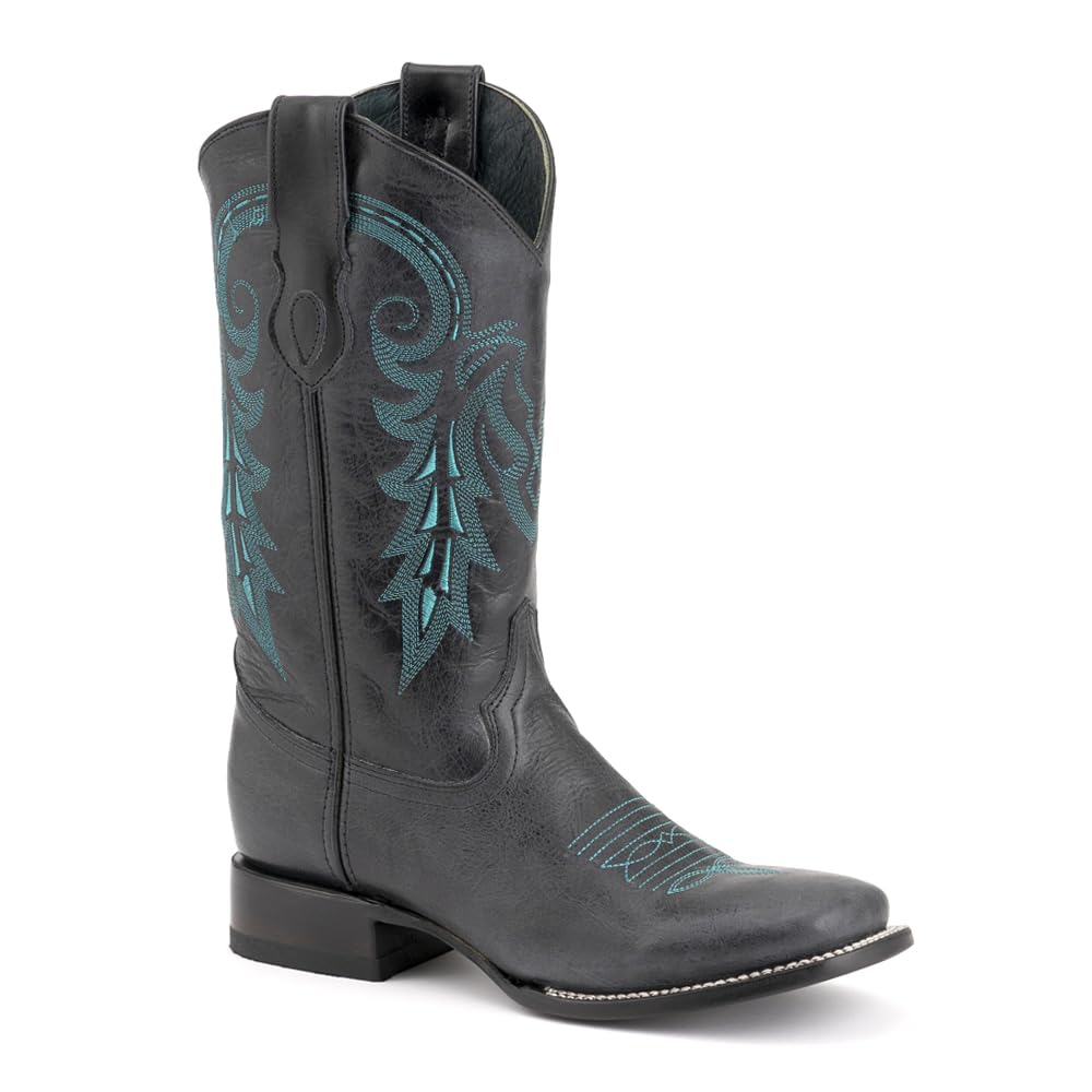 Men's Blaze Embroidered Square Toe Casual Boots - Mid Calf Western Cowboy Boots for Men in Black & Blue | Perfect for Country Dancing, Rodeo Events & Everyday Wear