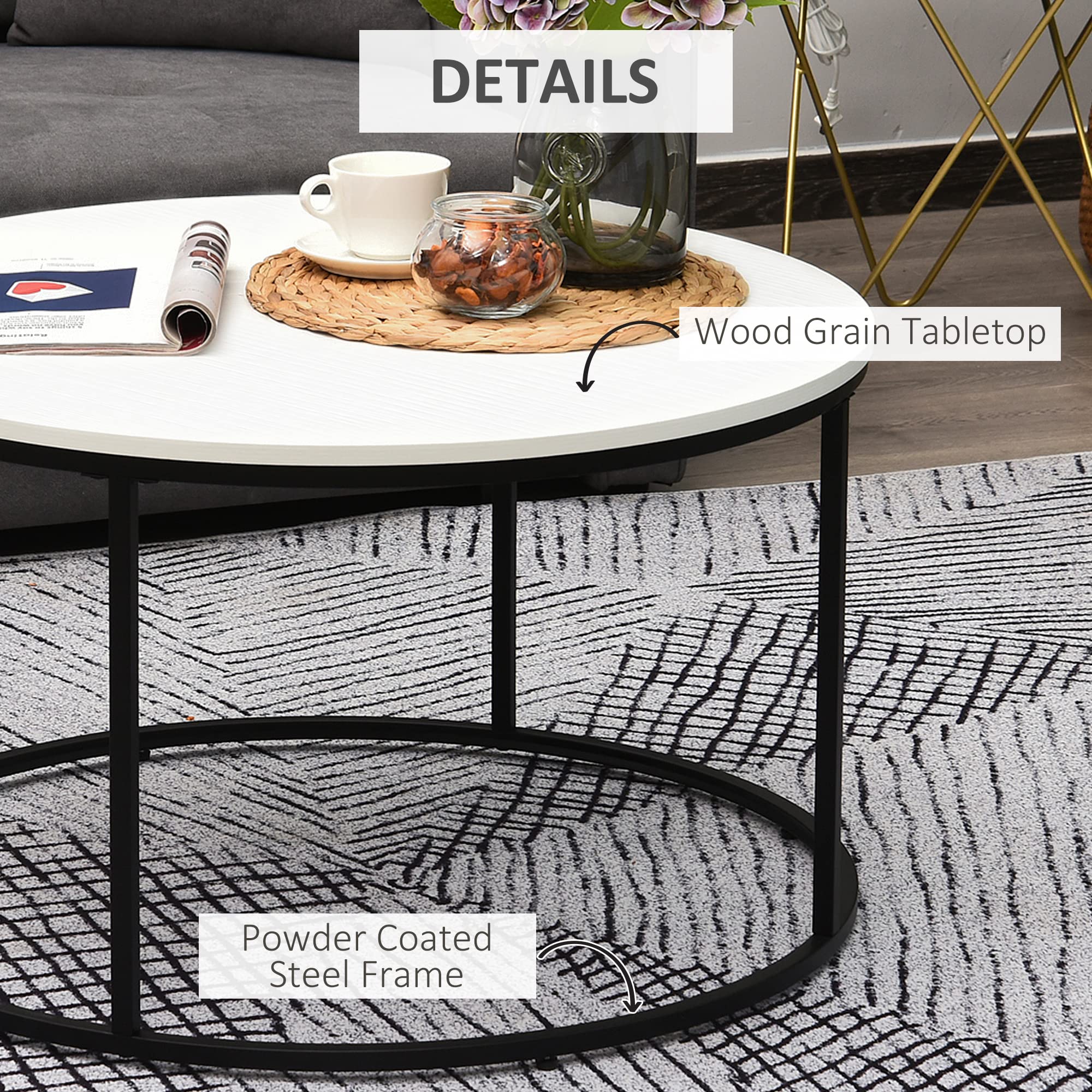 Modern Round Coffee Table 32 Inch - Black Metal Frame & White Top - Living Room Center Table for Home Decor, Coffee & Conversations