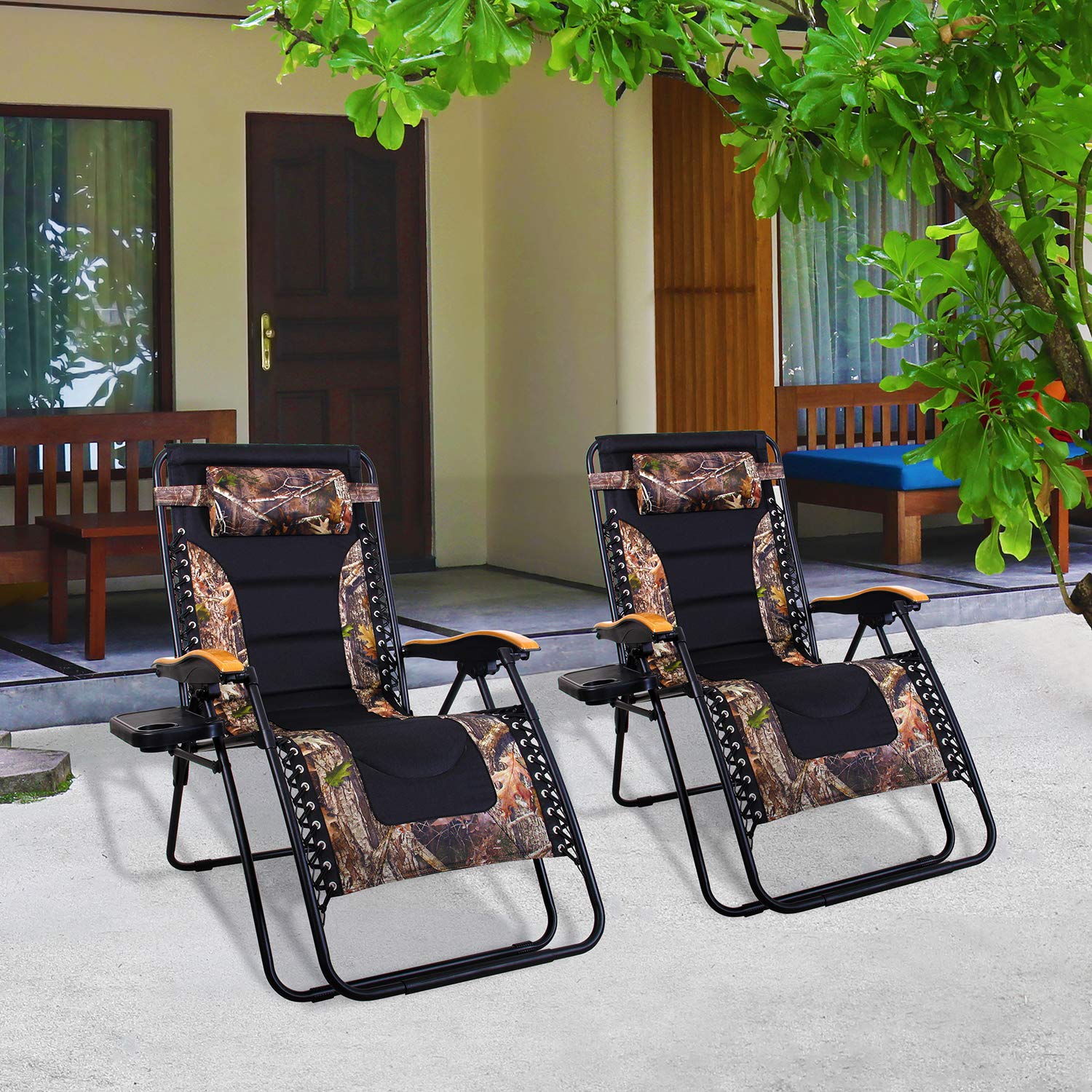 MFSTUDIO Oversized Zero Gravity Chair XL - Extra Wide Padded Folding Recliner with Cup Holder, Heavy Duty Patio Lounge Chair for Poolside, Beach, Backyard, Camping & Outdoor Relaxation (Set of 2, Camouflage) - Perfect for Sunbathing, Reading & Lounging