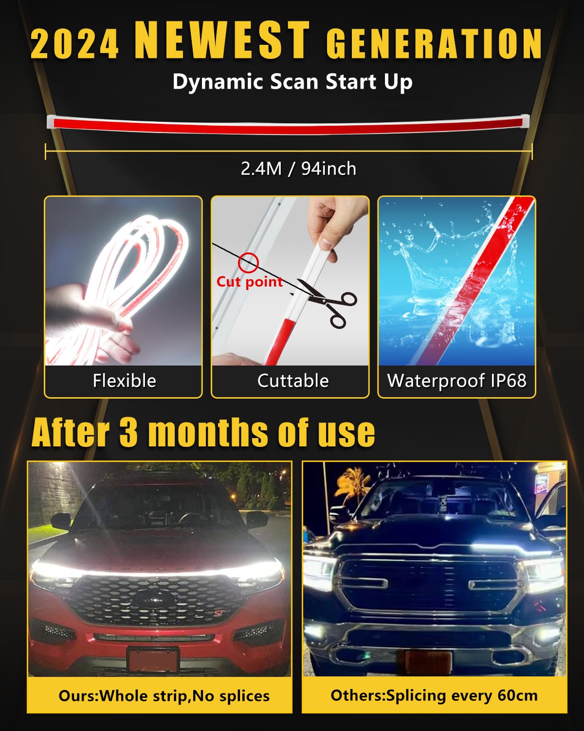 YM E-Bright LED Hood Light Strip - Flexible Waterproof Dynamic Scan Start Up Hoodbeam Kit DRL Daytime Running Lights - 12V White 240CM/94inch (1 Set) - Perfect for Cars, Trucks & SUVs - Enhance Visibility & Style for Night Driving & Off-Road Adventures