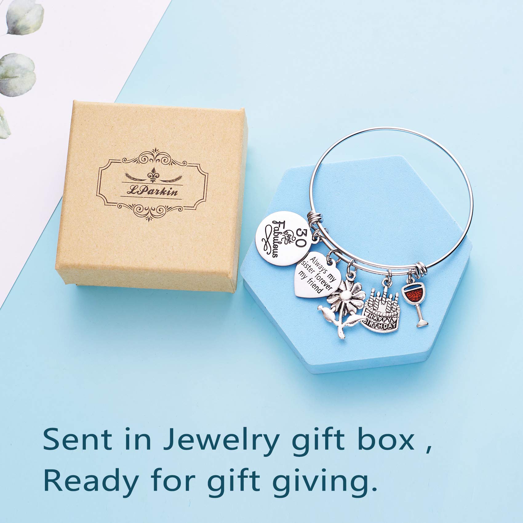 LParkin Expandable Bracelet for Women - 30th & 40th Birthday Gifts, Sister Gifts with 'Always My Sister Forever My Friend' & 'Live Laugh Love' Cake Charms | Perfect for Birthdays, Anniversaries & Special Occasions