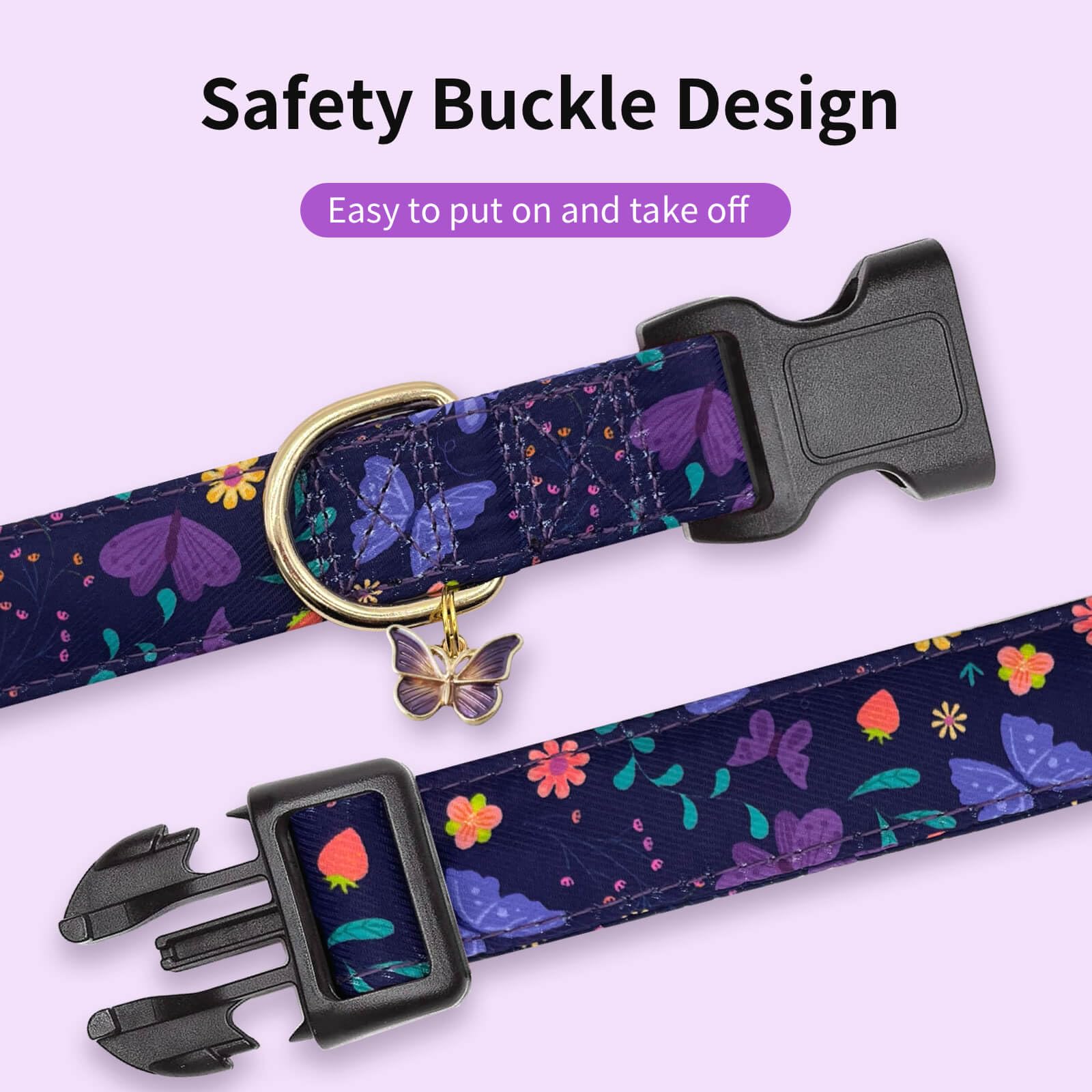 **Adjustable Buckle Dog Collar with Flower Design - Soft & Stylish Pet Collar for Small, Medium, Large Dogs (Purple Butterfly, Size S) - Perfect for Daily Walks, Training & Fashion Accessories**