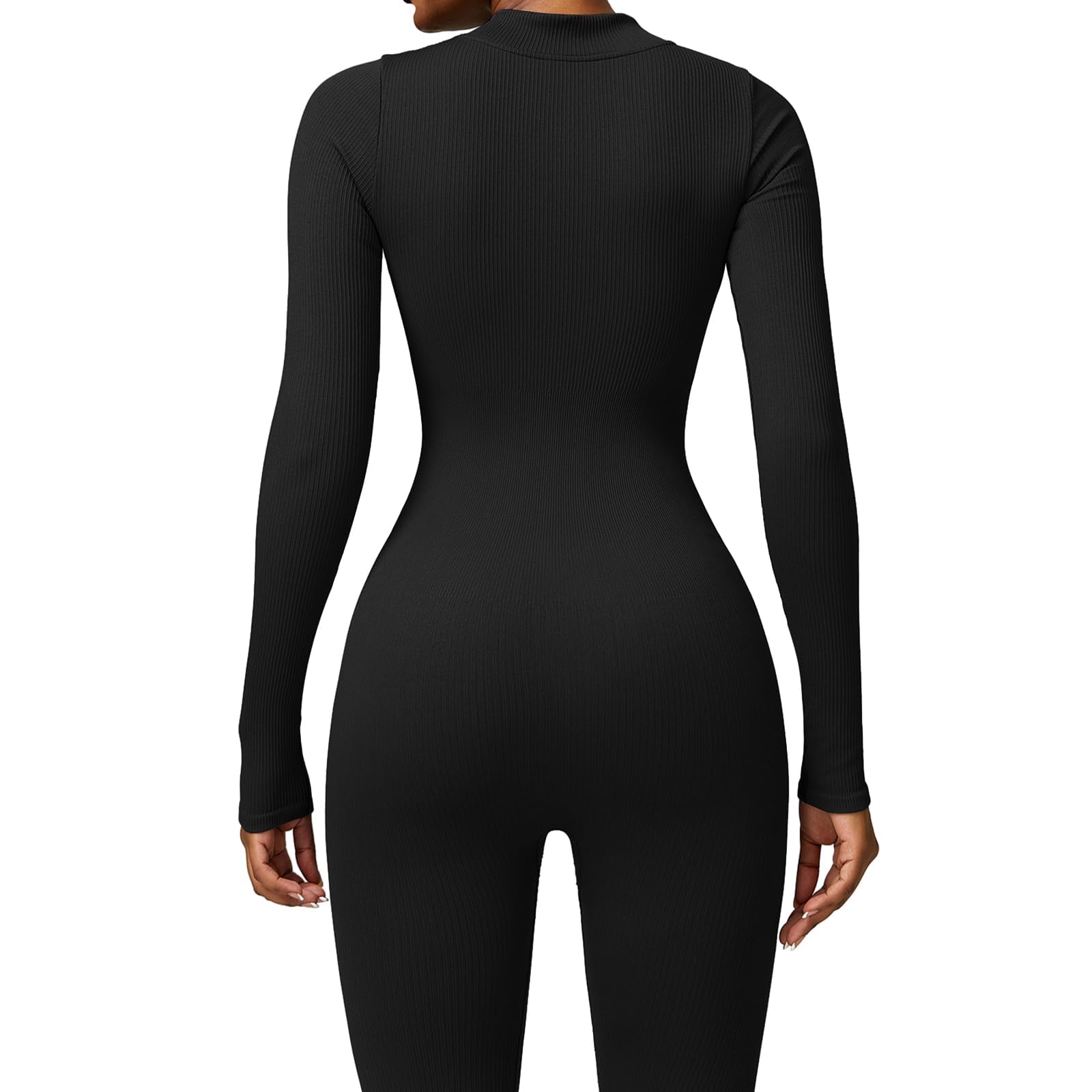 Jetjoy Women's Ribbed Long Sleeve Jumpsuit - Seamless Yoga Unitard with Zip Up, All-in-One Romper & Playsuit for Workout, Yoga, Lounge & Casual Wear