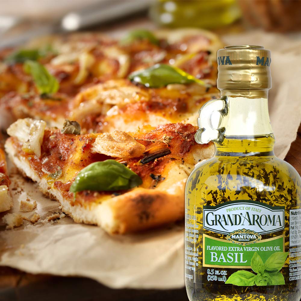 Mantova Grand'Aroma Basil Flavored Extra Virgin Olive Oil - Cold-Pressed 100% Natural Italian EVOO - Heart-Healthy Cooking Oil for Salad Dressing, Pasta, Garlic Bread & Meats - Perfect for Mediterranean Cuisine & Home Cooking - 8.5 oz (Pack of 2)
