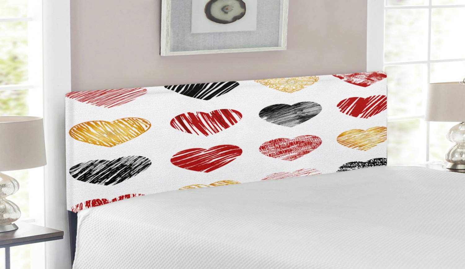 Ambesonne Romance Upholstered Headboard - Queen Size, Hand-Drawn Heart Love Print for Valentines & Wedding Themes, Decorative Metal Bed Frame with Memory Foam (Pale Coffee/Black/Red) - Perfect for Master Bedrooms, Guest Rooms & Romantic Home Decor